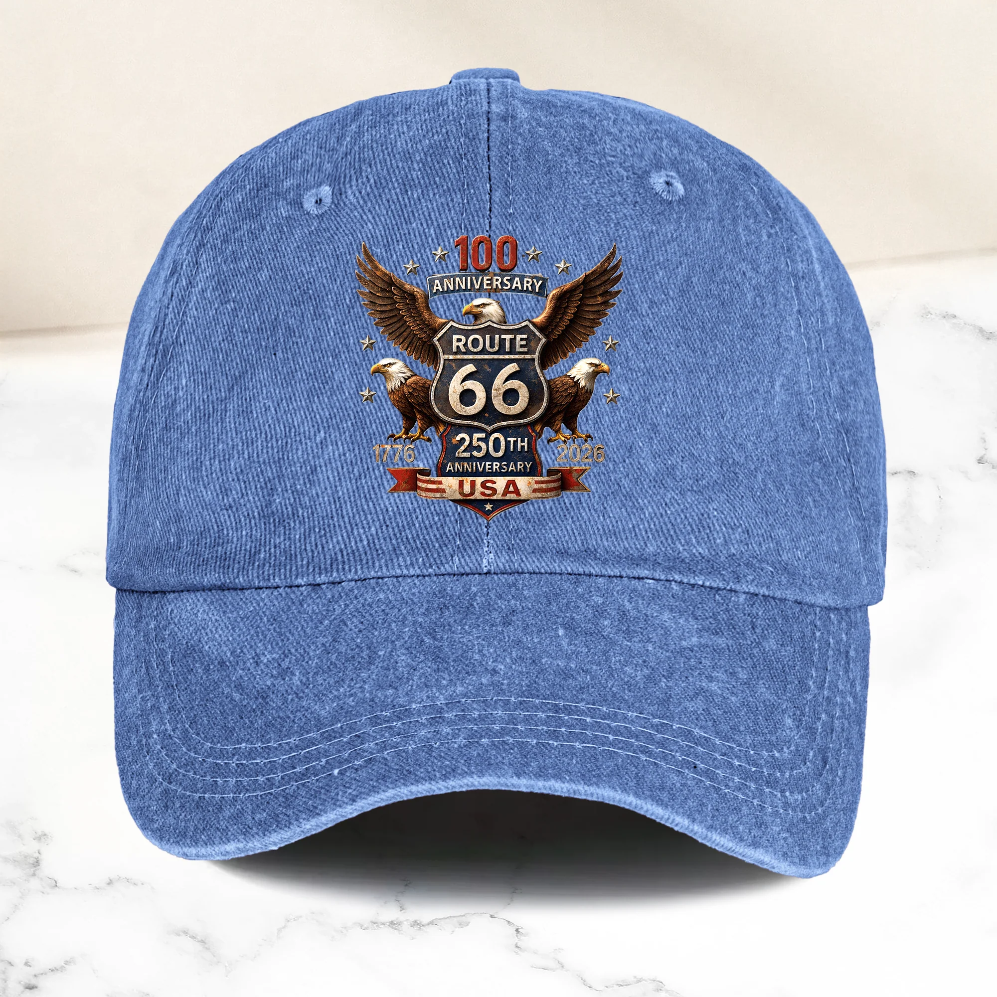 100 Years Route 66 250 Years USA - Personalized Distressed Denim Cap - Image 11