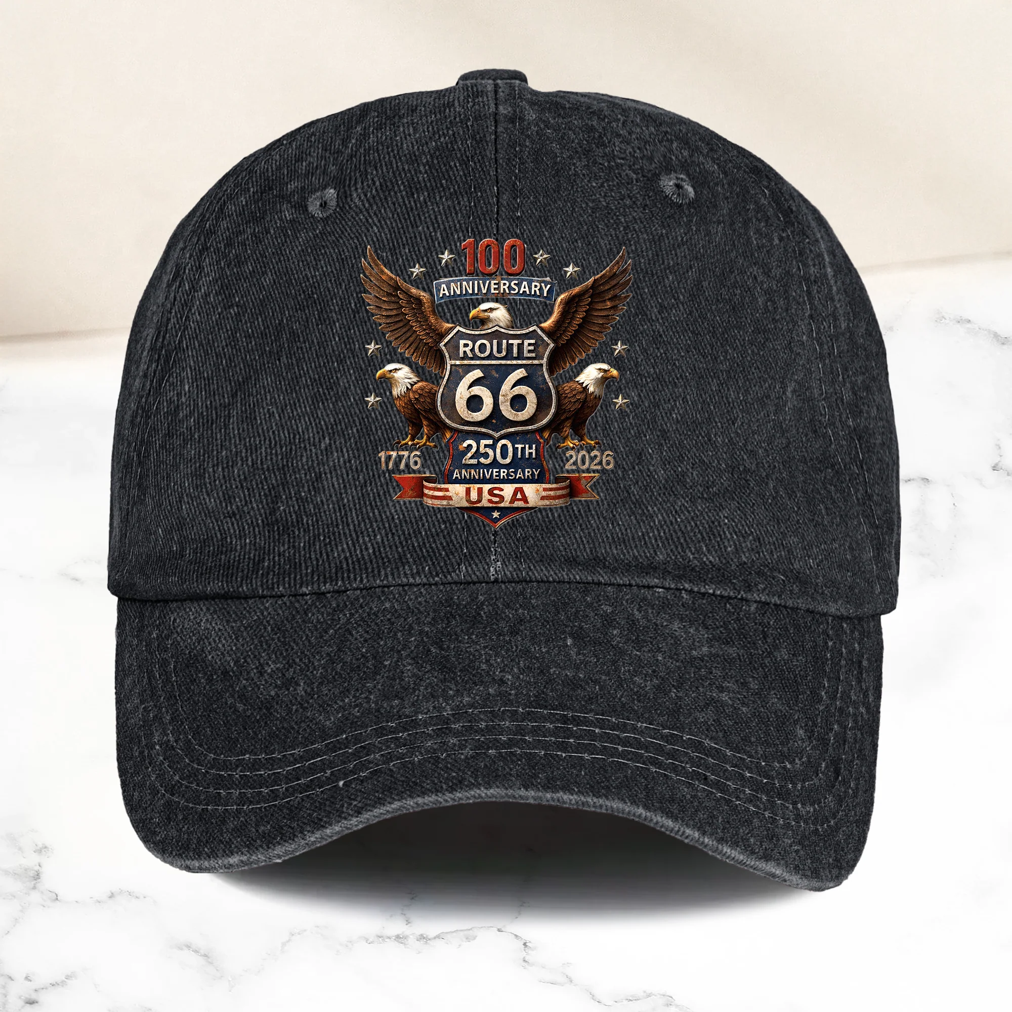 100 Years Route 66 250 Years USA - Personalized Distressed Denim Cap - Image 7