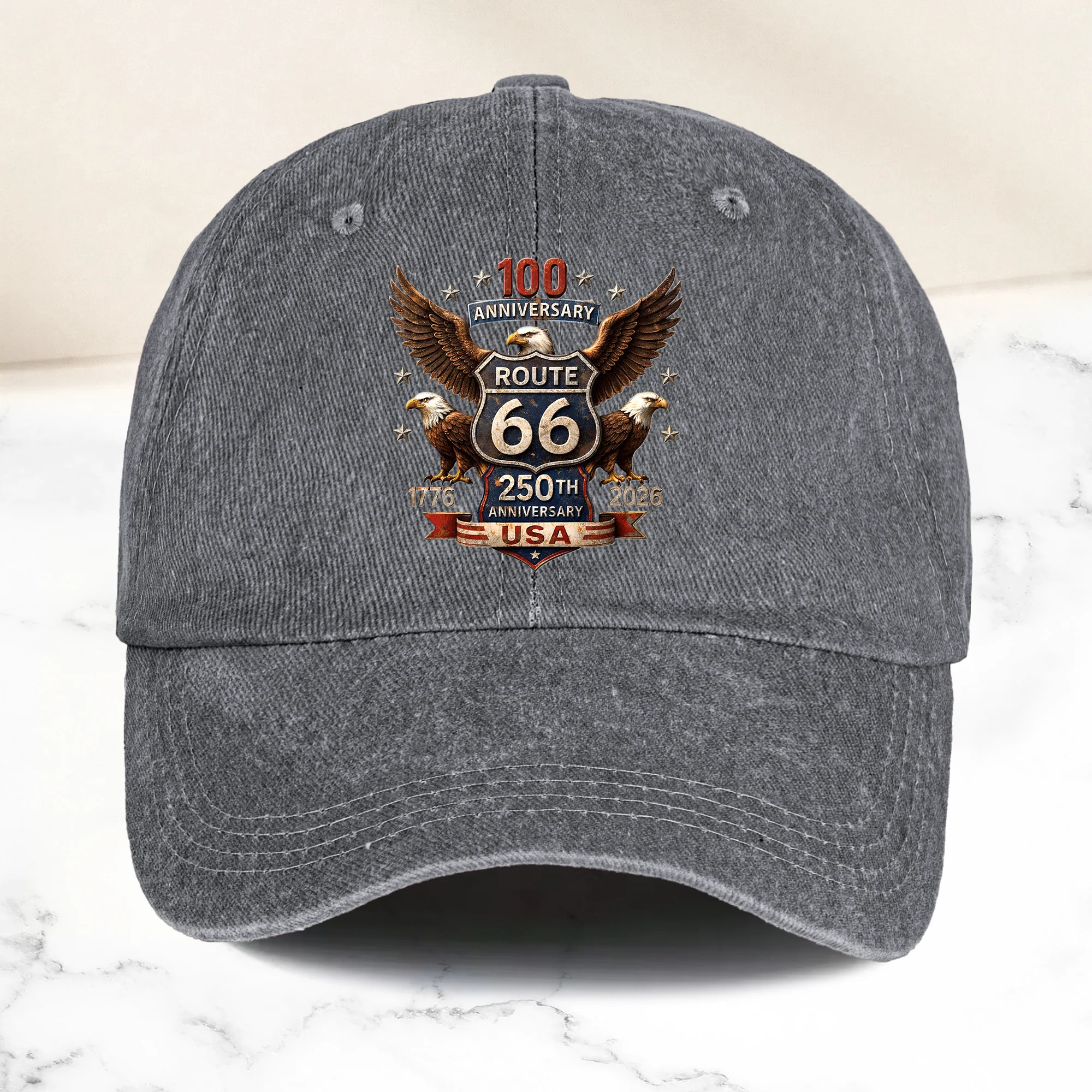100 Years Route 66 250 Years USA - Personalized Distressed Denim Cap - Image 8