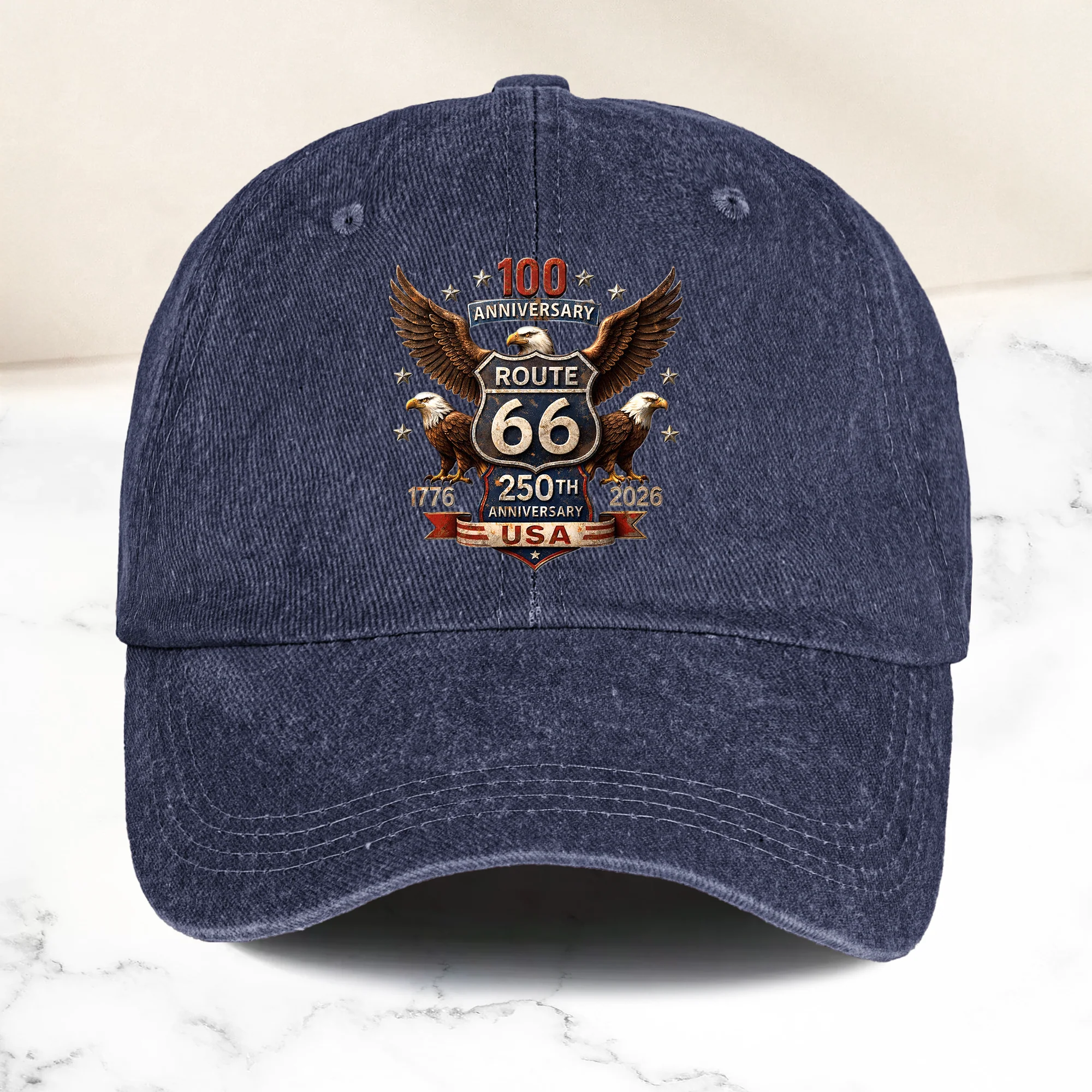 100 Years Route 66 250 Years USA - Personalized Distressed Denim Cap - Image 9
