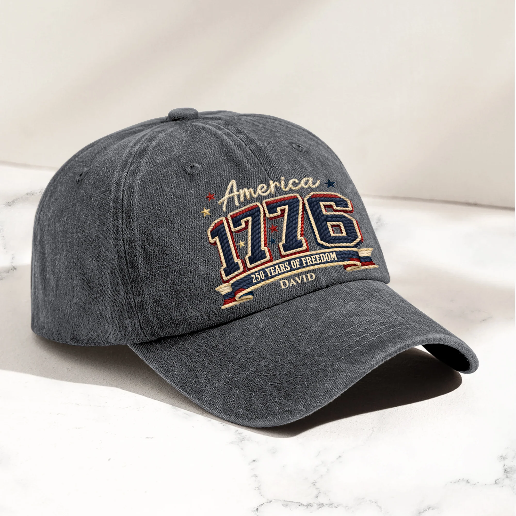 250 Years Of Freedom Faux Pattern - Personalized Distressed Denim Cap - Image 2