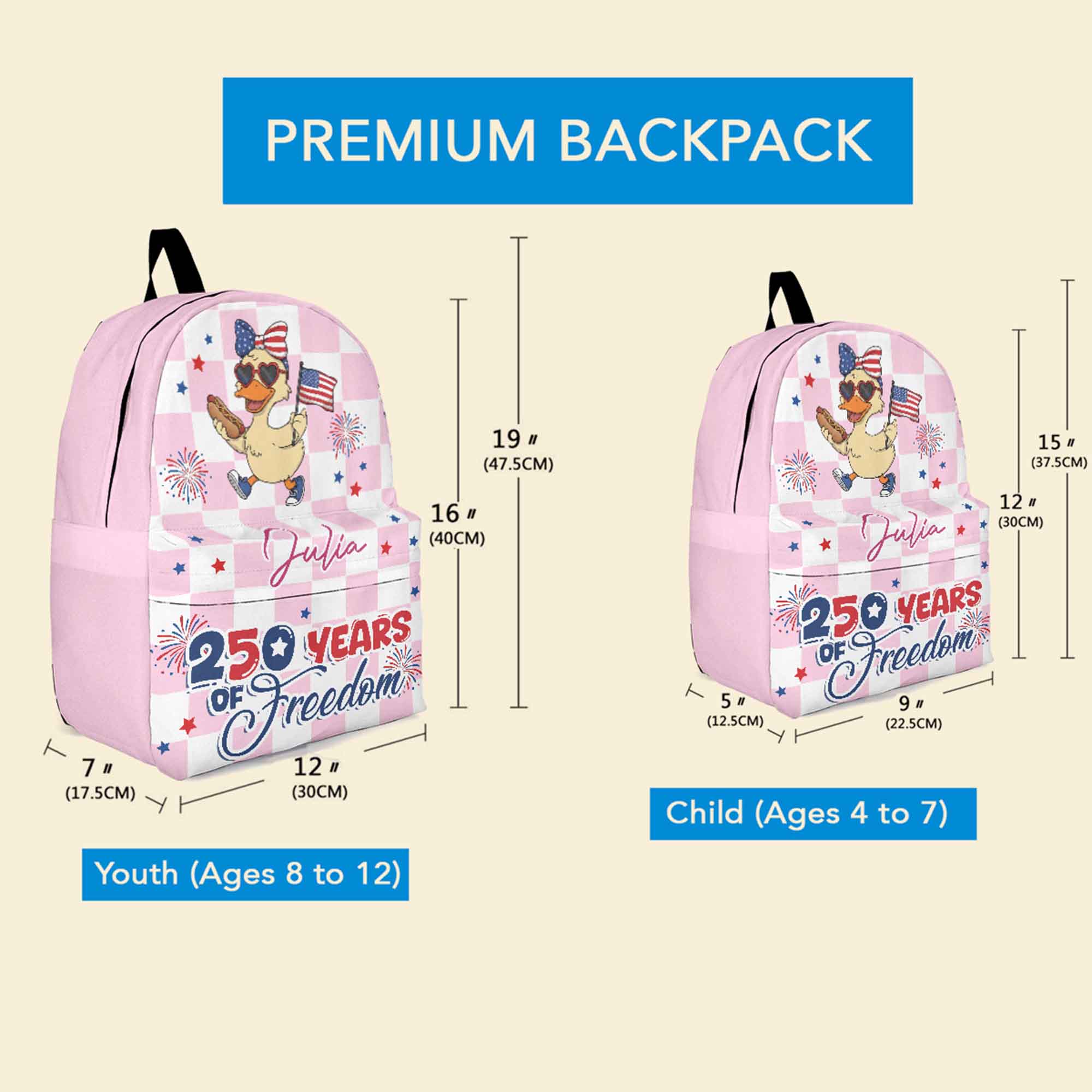 250 Years Of Freedom Kids Custom Name Patriotic Goose, Racoon - Personalized Backpack - Image 4