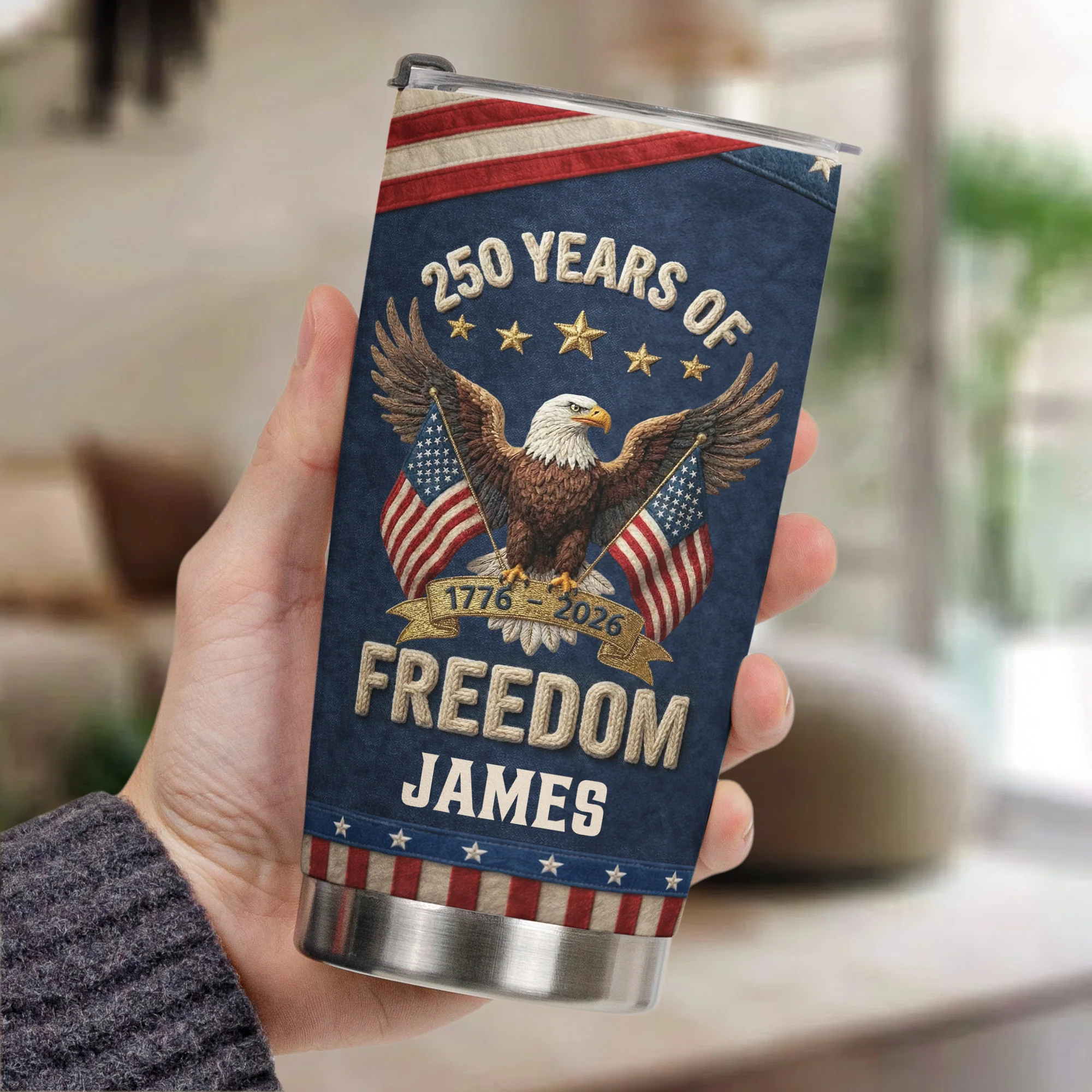 250Th Anniversary USA Patriotic Faux Pattern - Personalized Tumbler Cup - Image 3