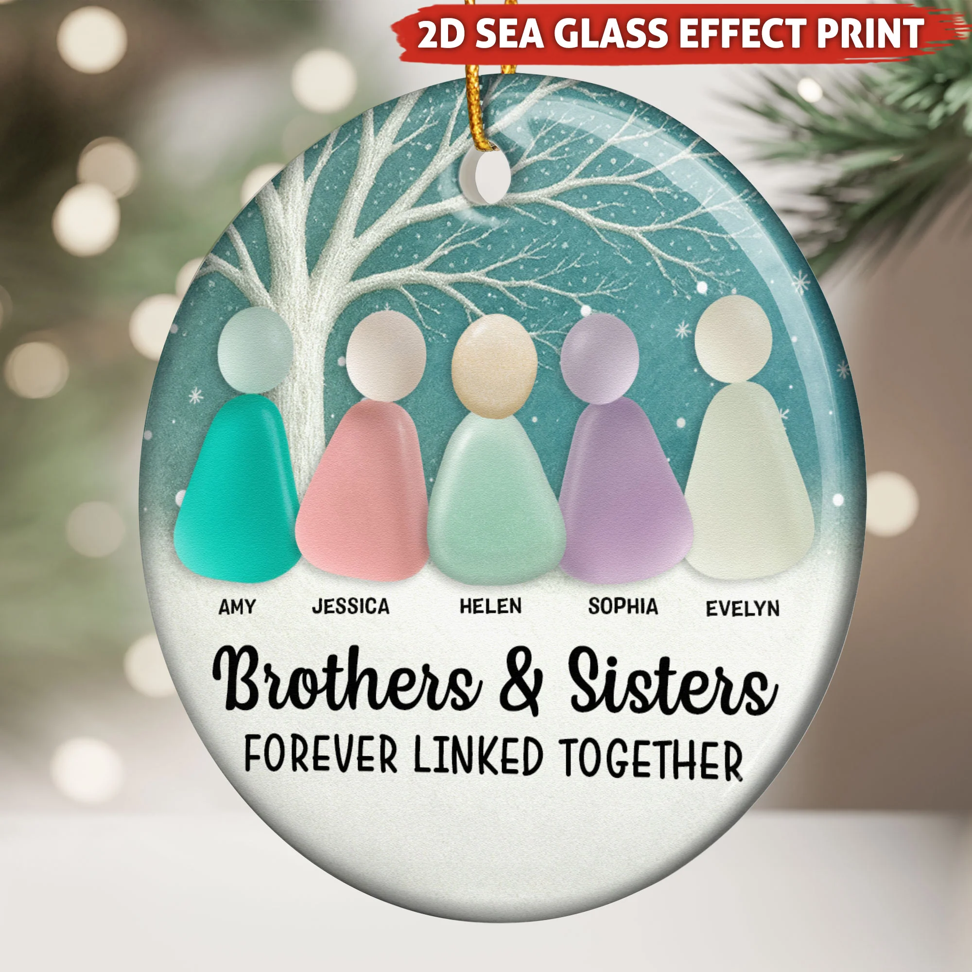 2D Sea Glass Effect Printed Family, Siblings, Mom Dad & Daughters Sons - Personalized Ceramic Ornament - Image 2