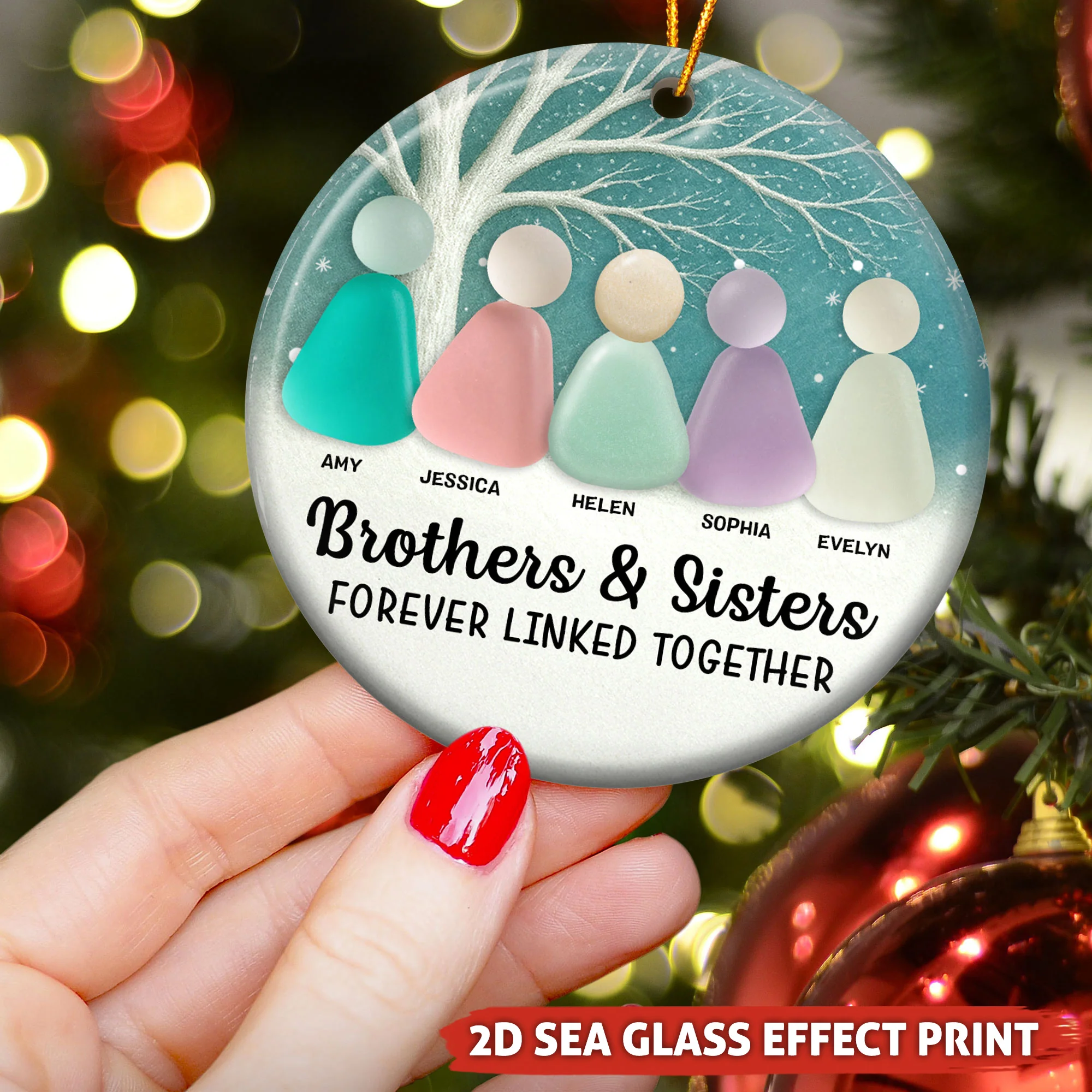 2D Sea Glass Effect Printed Family, Siblings, Mom Dad & Daughters Sons - Personalized Ceramic Ornament - Image 3