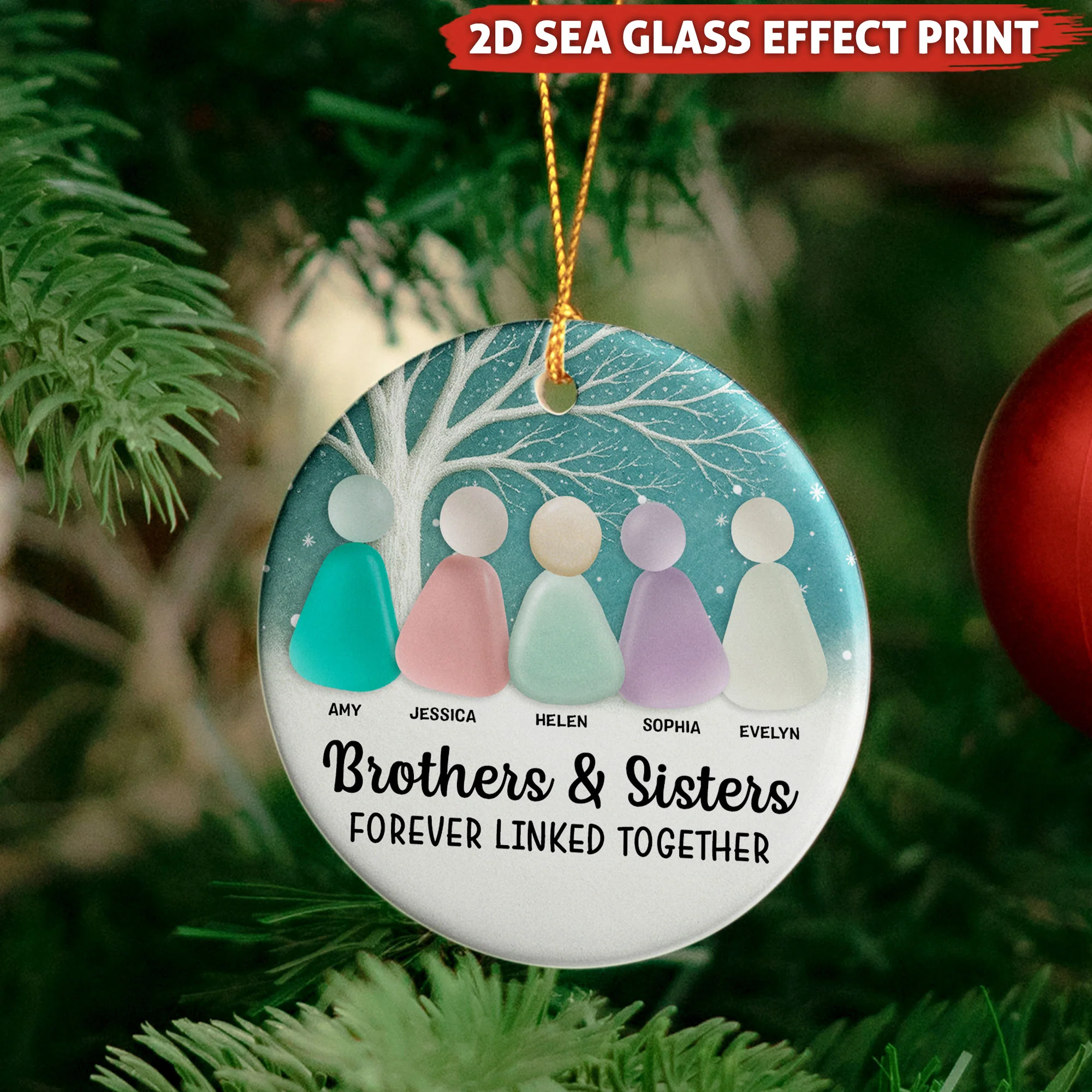2D Sea Glass Effect Printed Family, Siblings, Mom Dad & Daughters Sons - Personalized Ceramic Ornament - Image 4