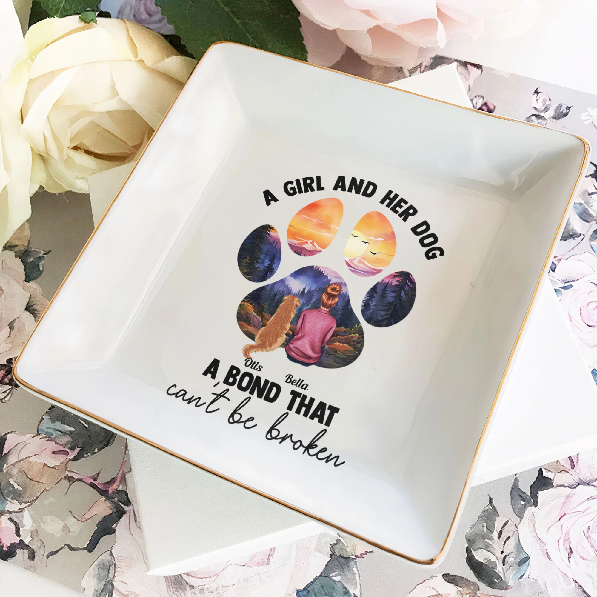 A Girl And Her Dogs. A Bond That Can't Be Broken - Personalized Jewelry Dish - Image 2