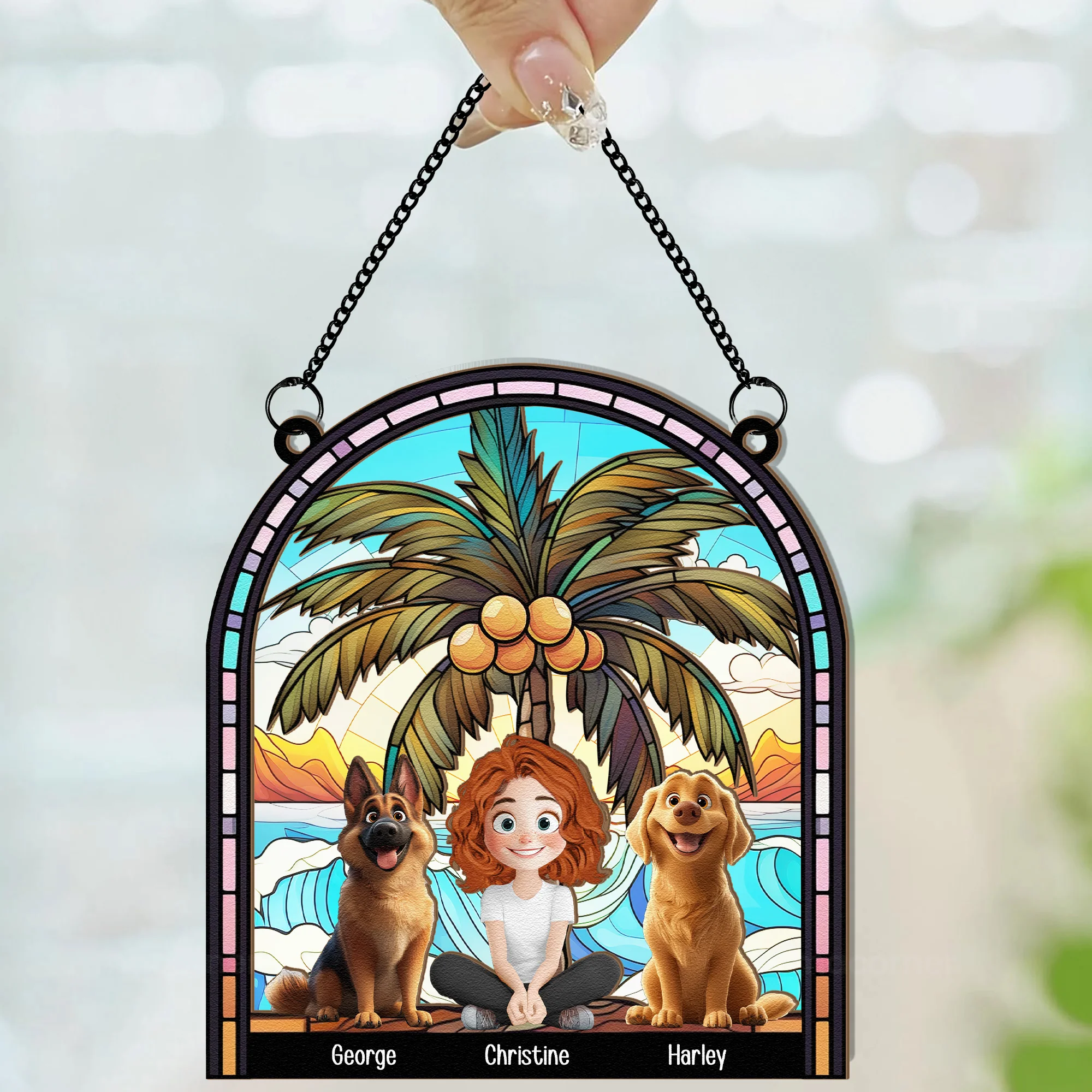 A Girl And Her Dogs New Version - Personalized Window Hanging Suncatcher Ornament - Image 2