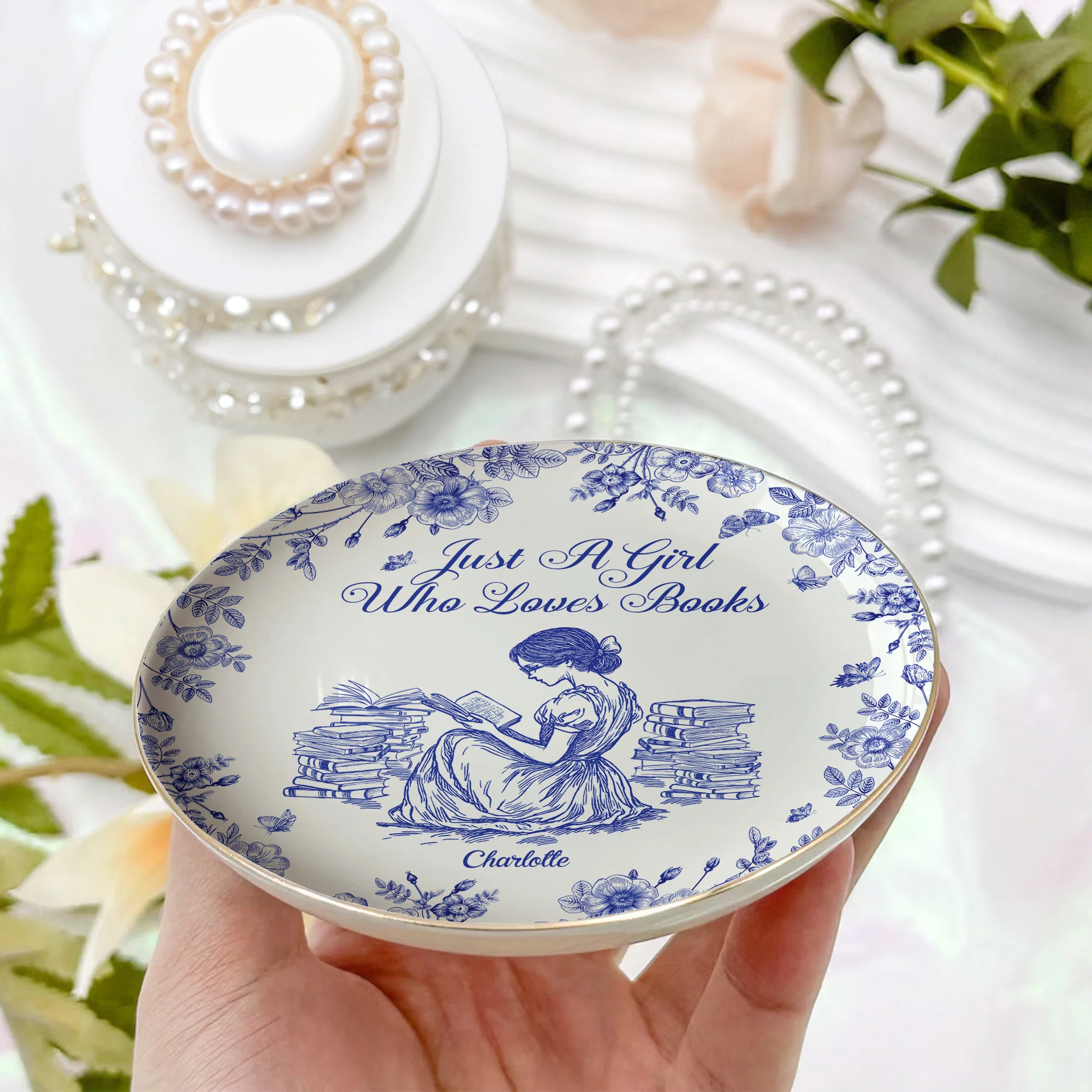 A Girl Who Loves Books Chinoiserie Toile De Jouy - Personalized Jewelry Dish - Gift For Daughter - Image 2