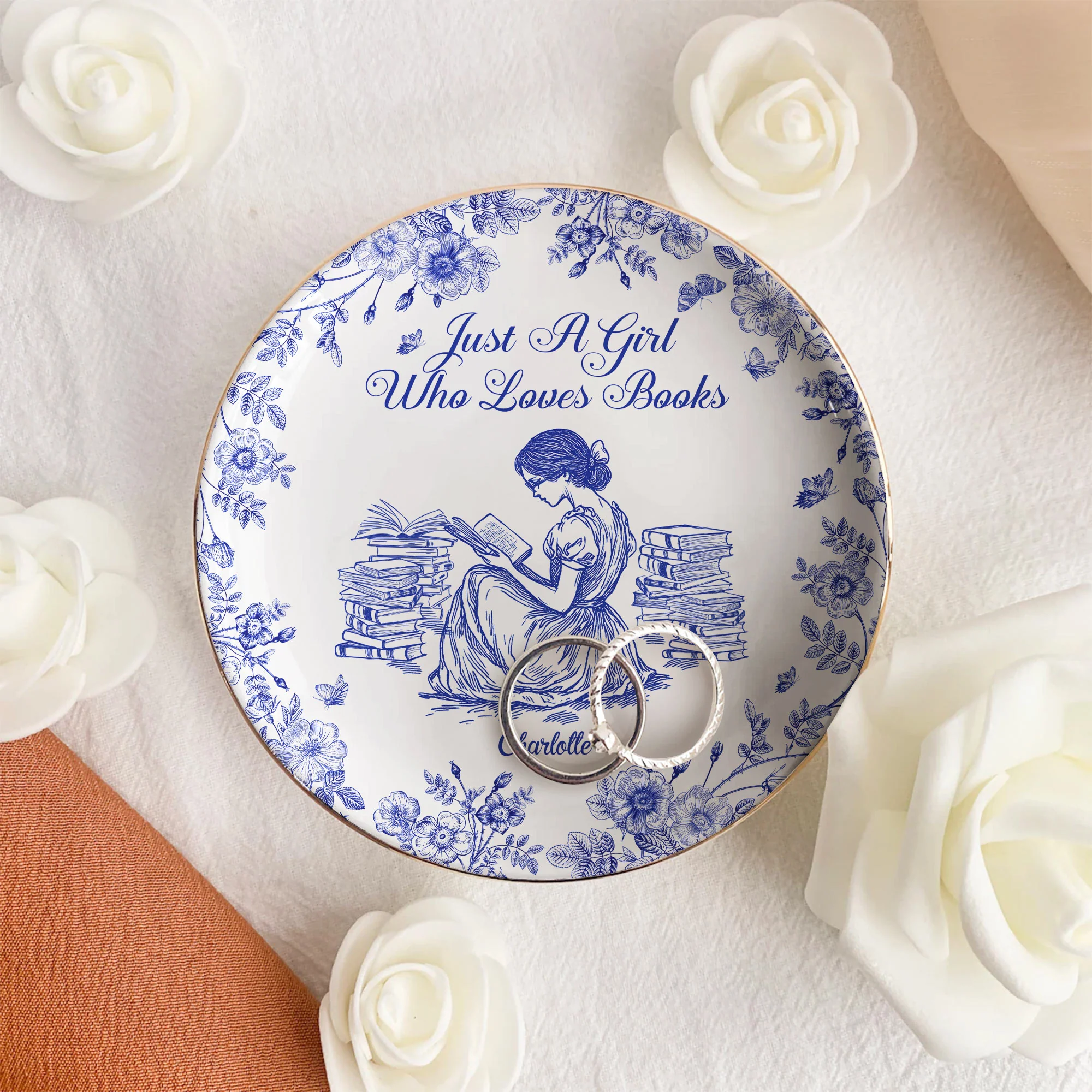 A Girl Who Loves Books Chinoiserie Toile De Jouy - Personalized Jewelry Dish - Gift For Daughter - Image 3