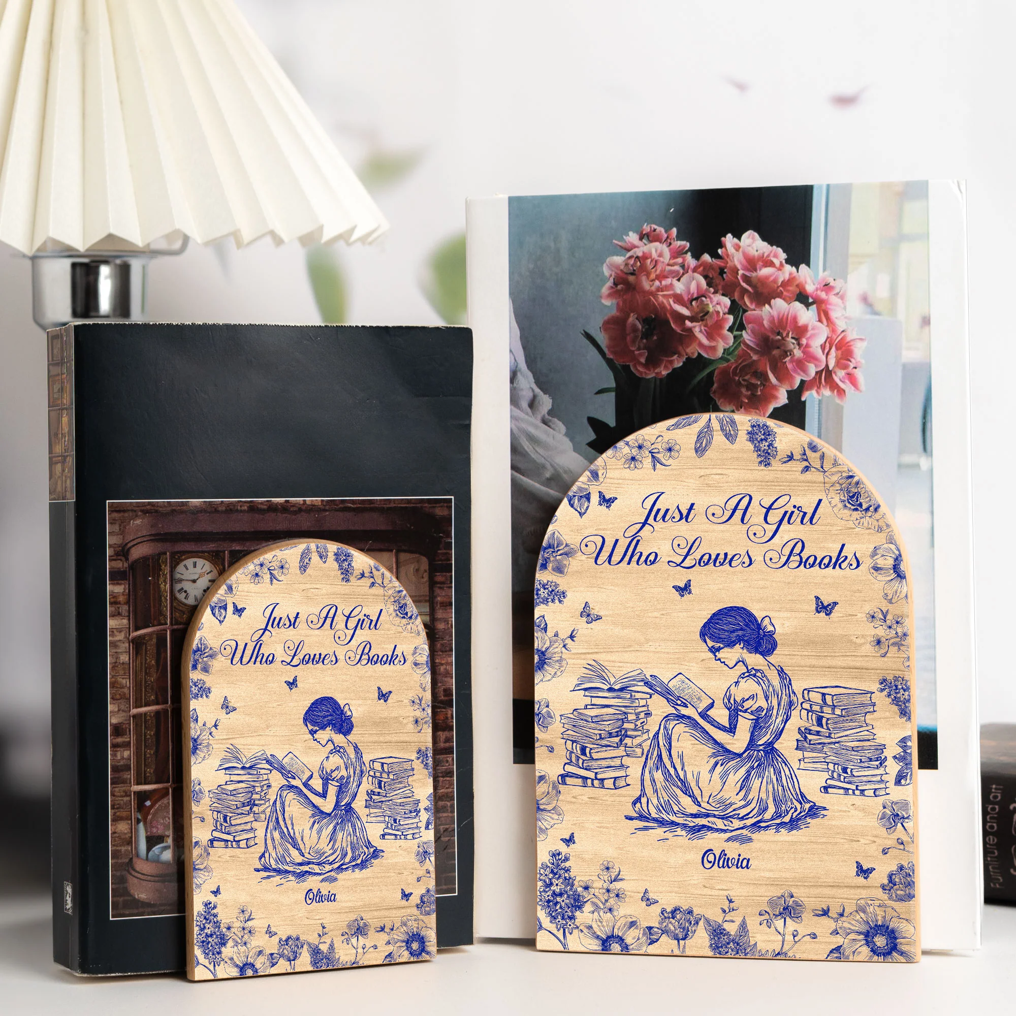 A Girl Who Loves Books Toile De Jouy - Custom Wood Book Ends - Image 2