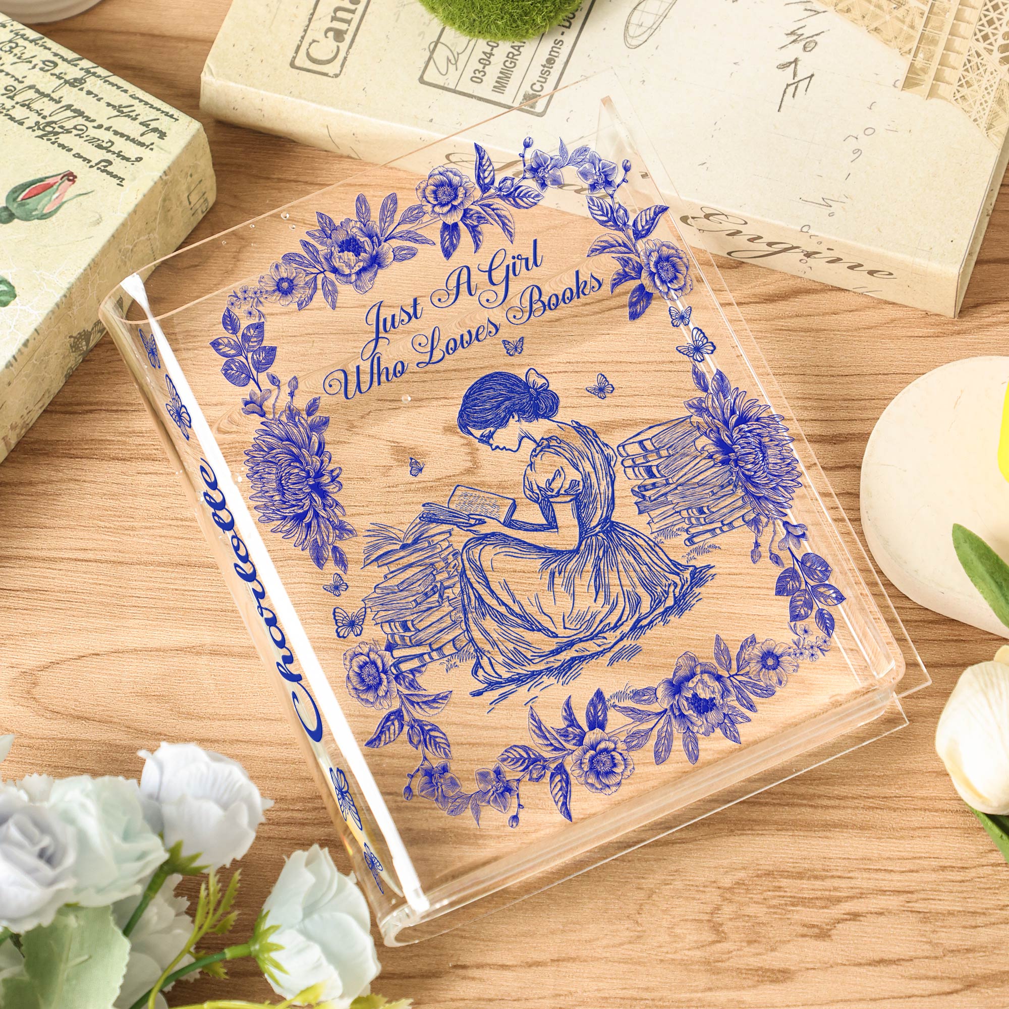 A Girl Who Loves Books Toile De Jouy - Personalized Acrylic Book Vase - Image 5