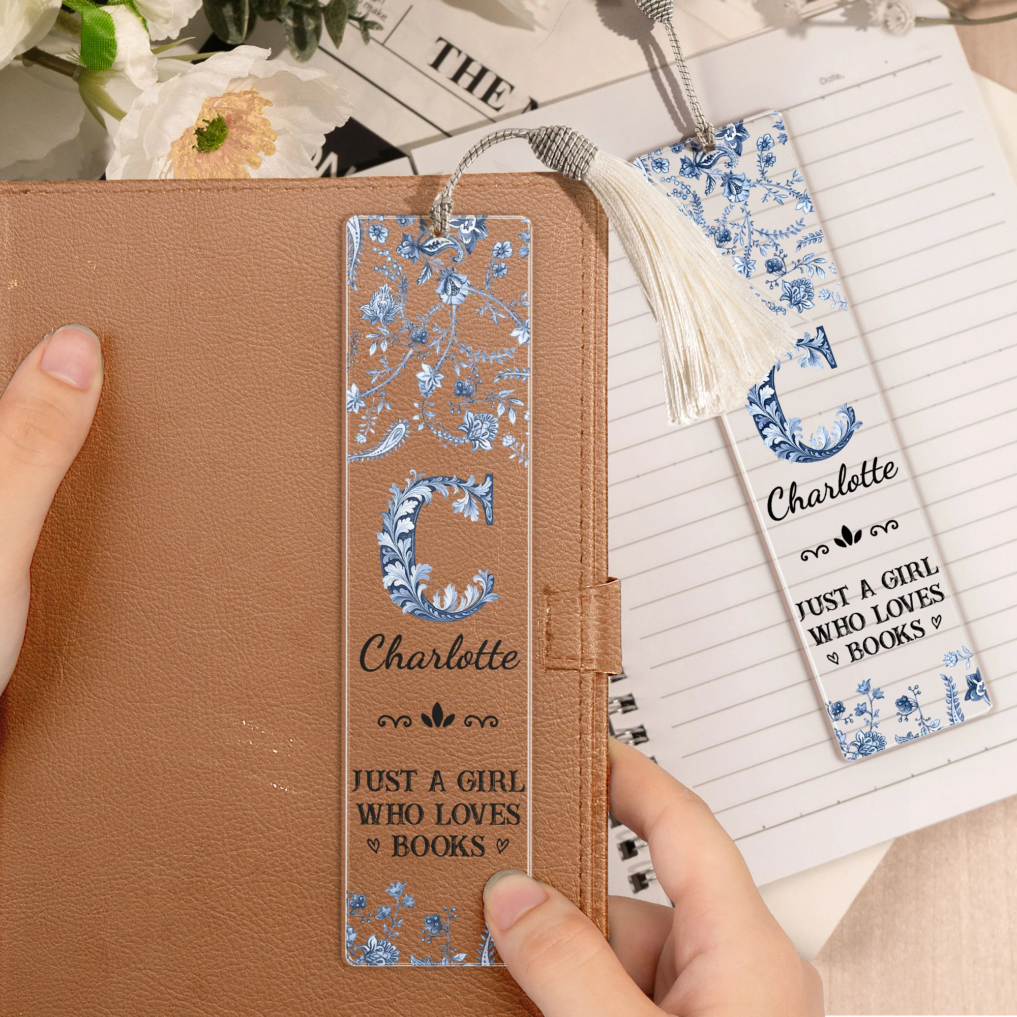 A Girl Who Loves Books Toile De Jouy - Personalized Acrylic Bookmark And Keychain Set - Image 3