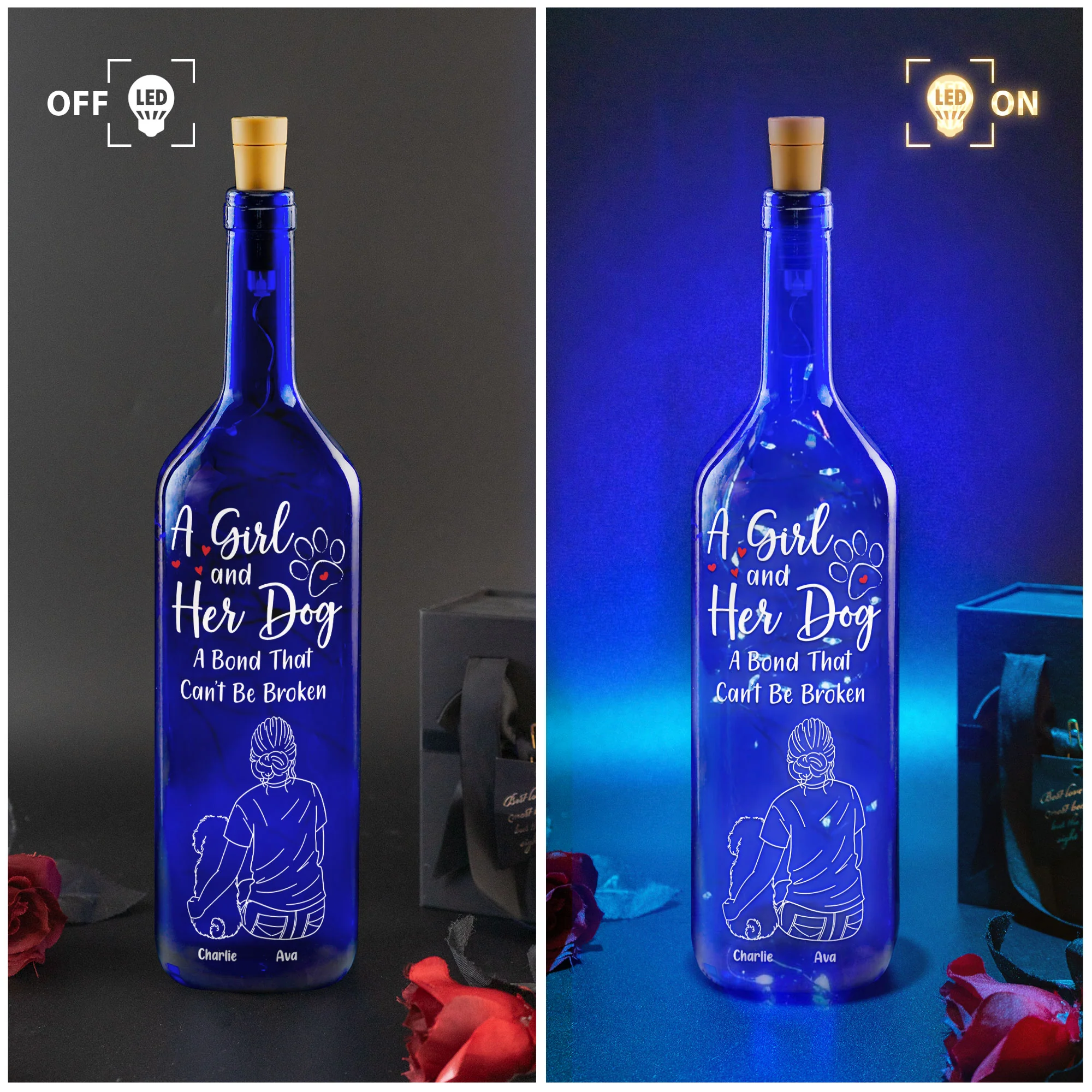 A Girl With Her Dog - Personalized Blue Bottle Lamp - Image 3