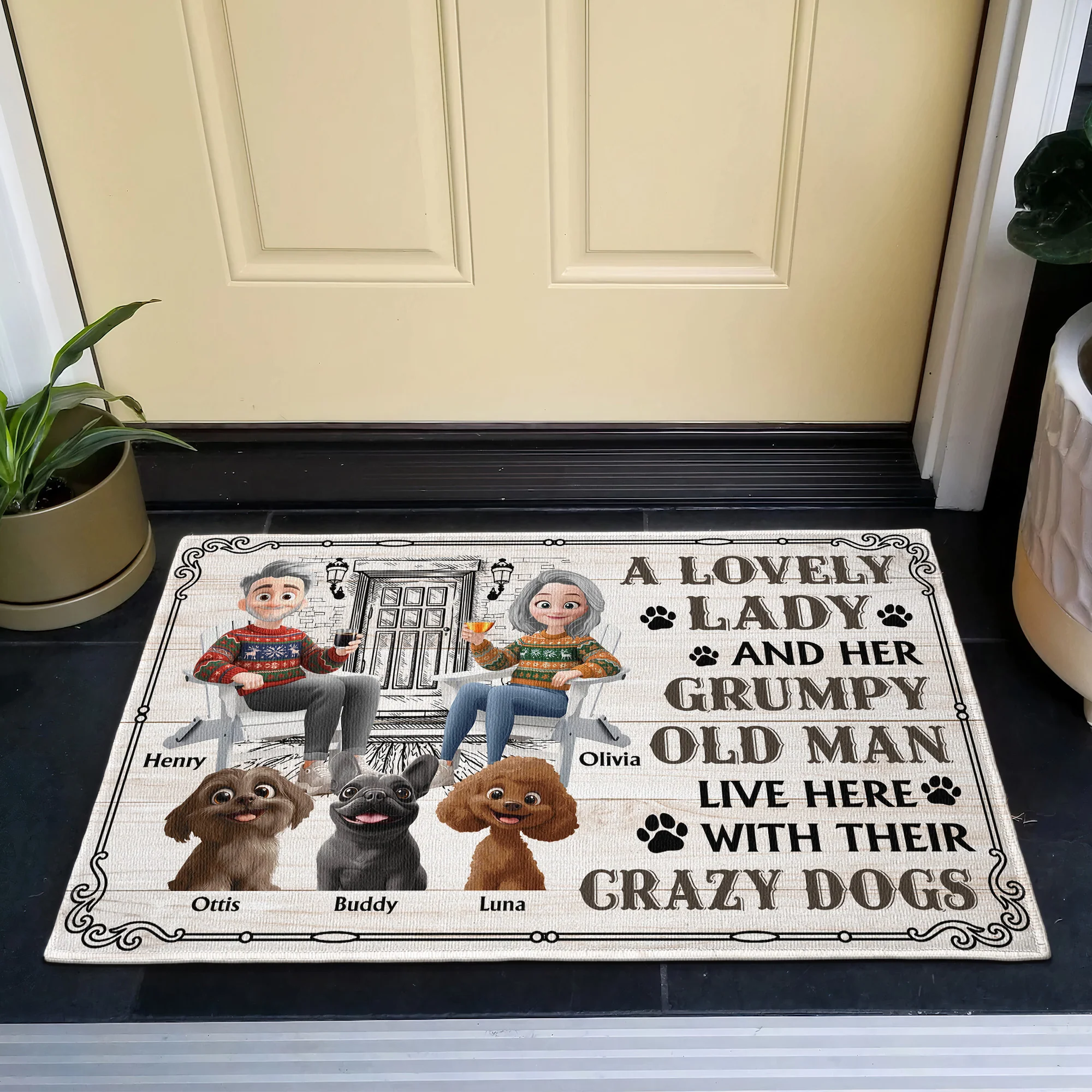 A Lovely Lady & Her Grumpy Old Man With Their Crazy Dogs - Personalized Doormat - Image 2