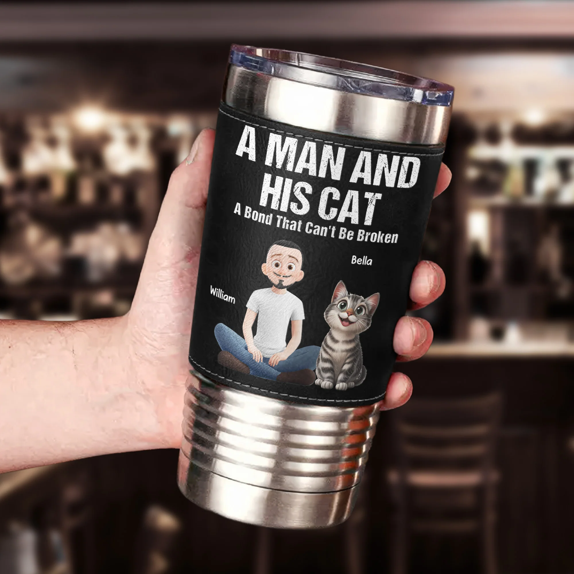 A Man And His Cat A Bond That Can't Be Broken - Personalized 20oz Leather Wrapped Tumbler - Image 5