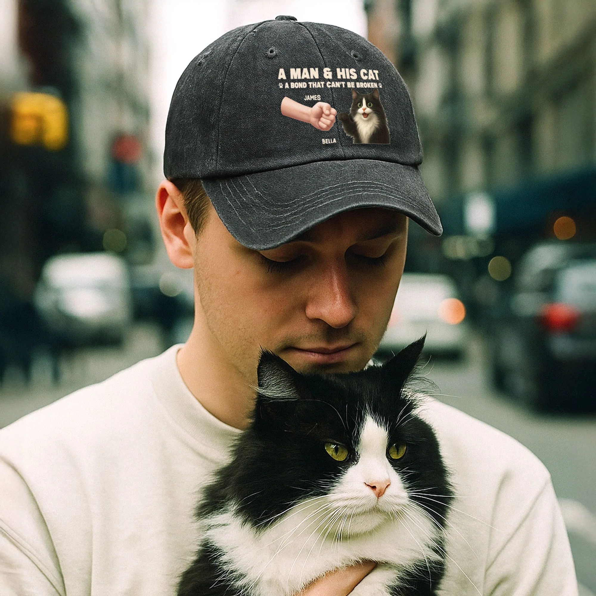 A Man And His Cat - Personalized Distressed Denim Cap - Image 3