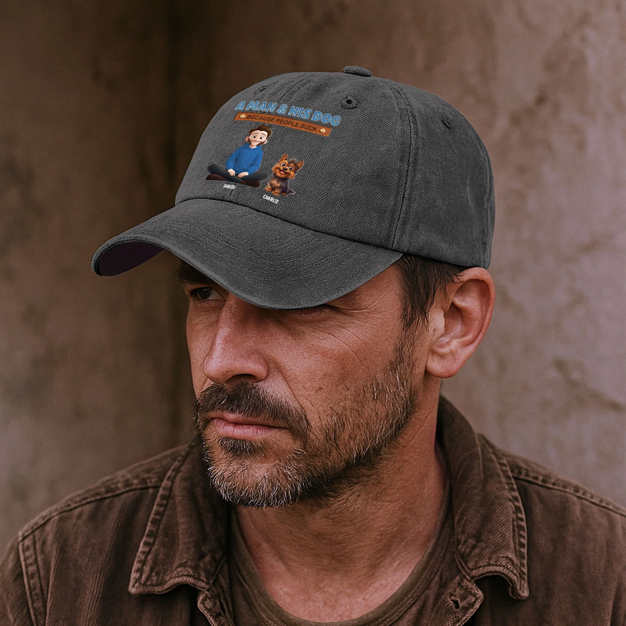 A Man And His Dog - Personalized Distressed Denim Cap - Image 3