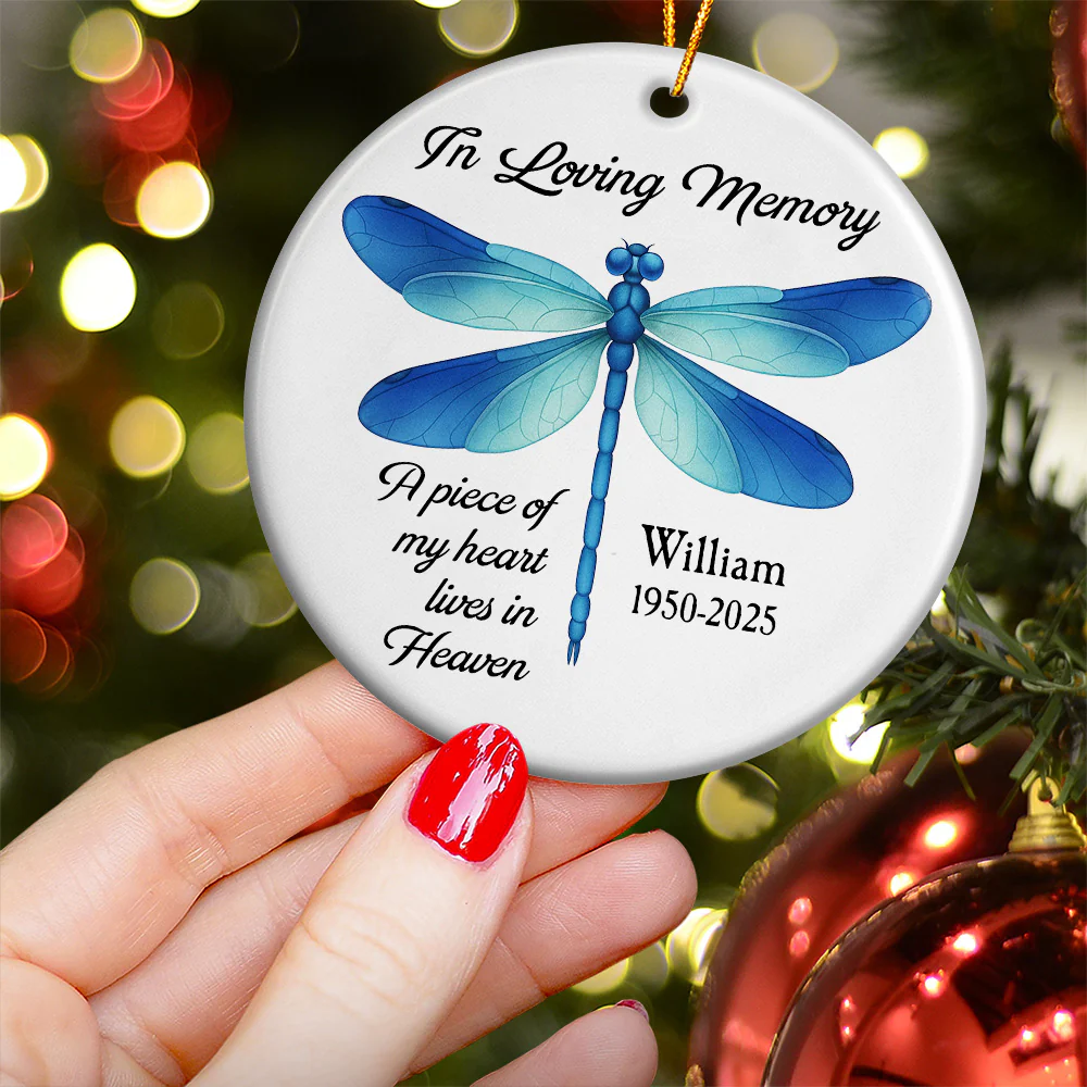 A Piece Of My Heart Lives In Heaven Dragonfly Sea Glass Style - Personalized Ceramic Ornament - Image 3