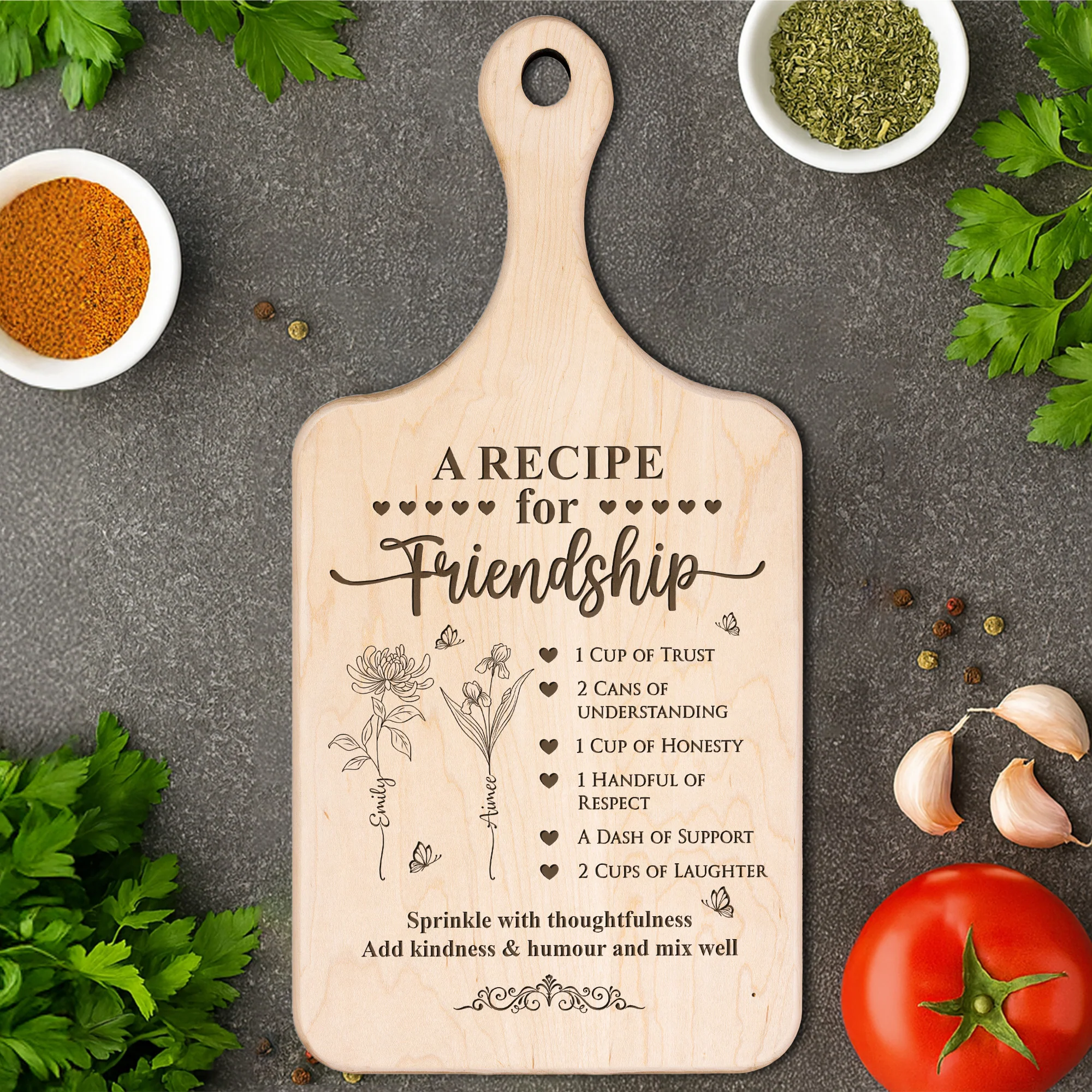 A Recipe For Friendship Custom Birth Flower - Personalized Paddle Cutting Board - Image 3