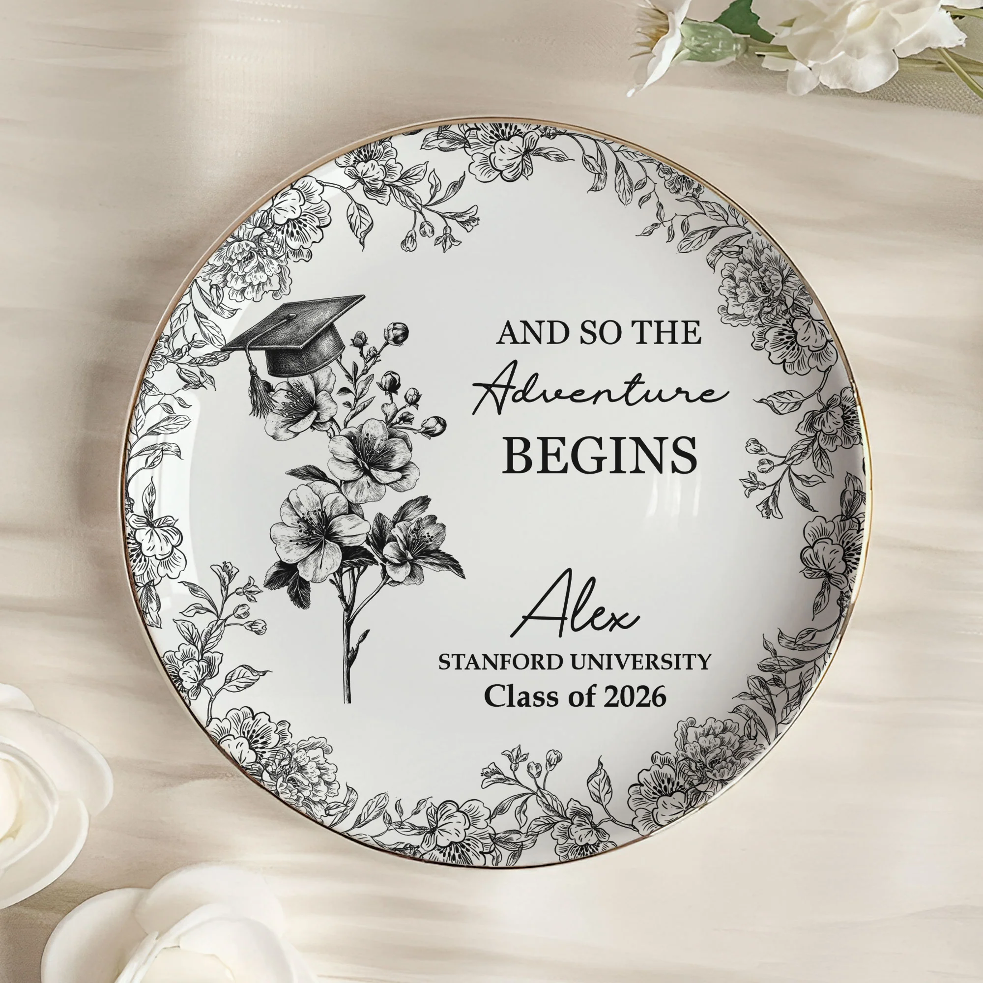 A Sweet Ending To A New Beginning Graduation Gifts For Her - Toile De Jouy Birth Flowers - Personalized Jewelry Dish - Image 4