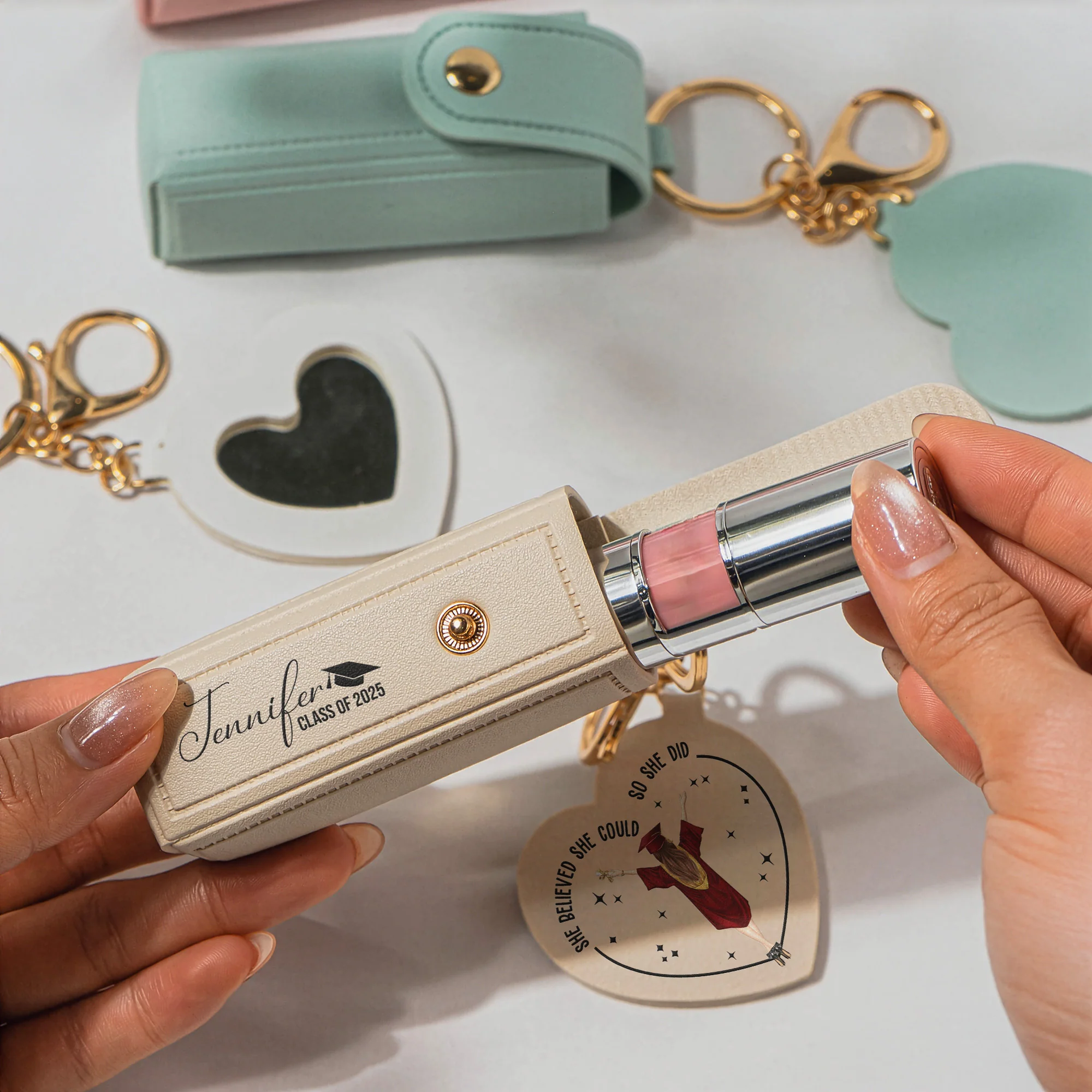 A Sweet Ending To A New Beginning Graduation Gifts - Personalized Leather Lipstick Case With Mirror Keychain - Image 5