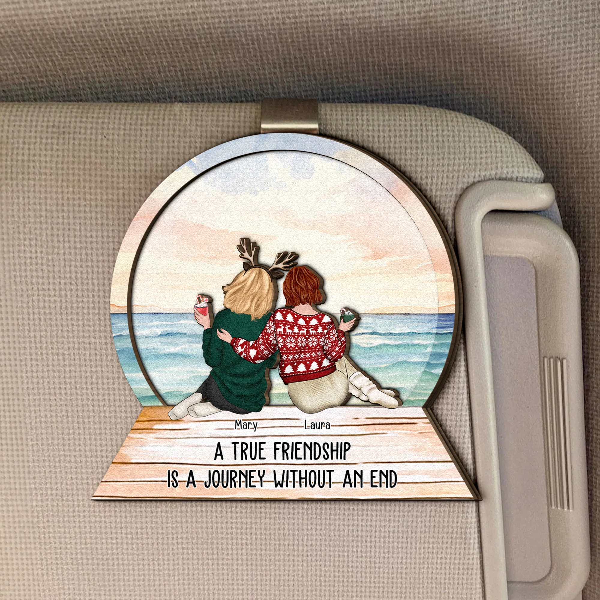 A True Friendship Is A Journey Without An End - Personalized Wooden Car Visor Clip