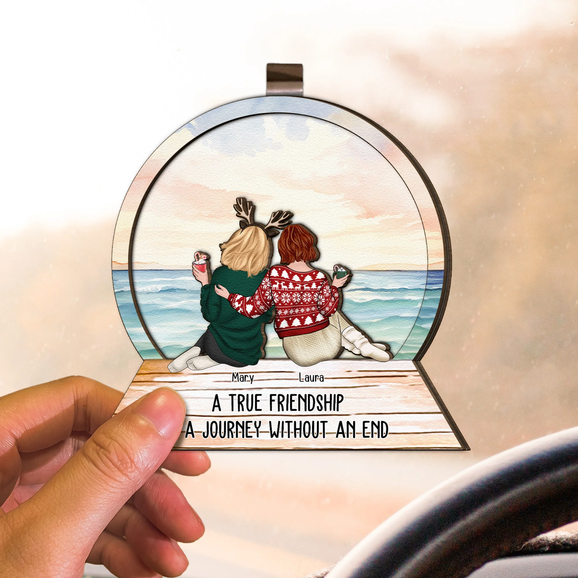 A True Friendship Is A Journey Without An End - Personalized Wooden Car Visor Clip - Image 3