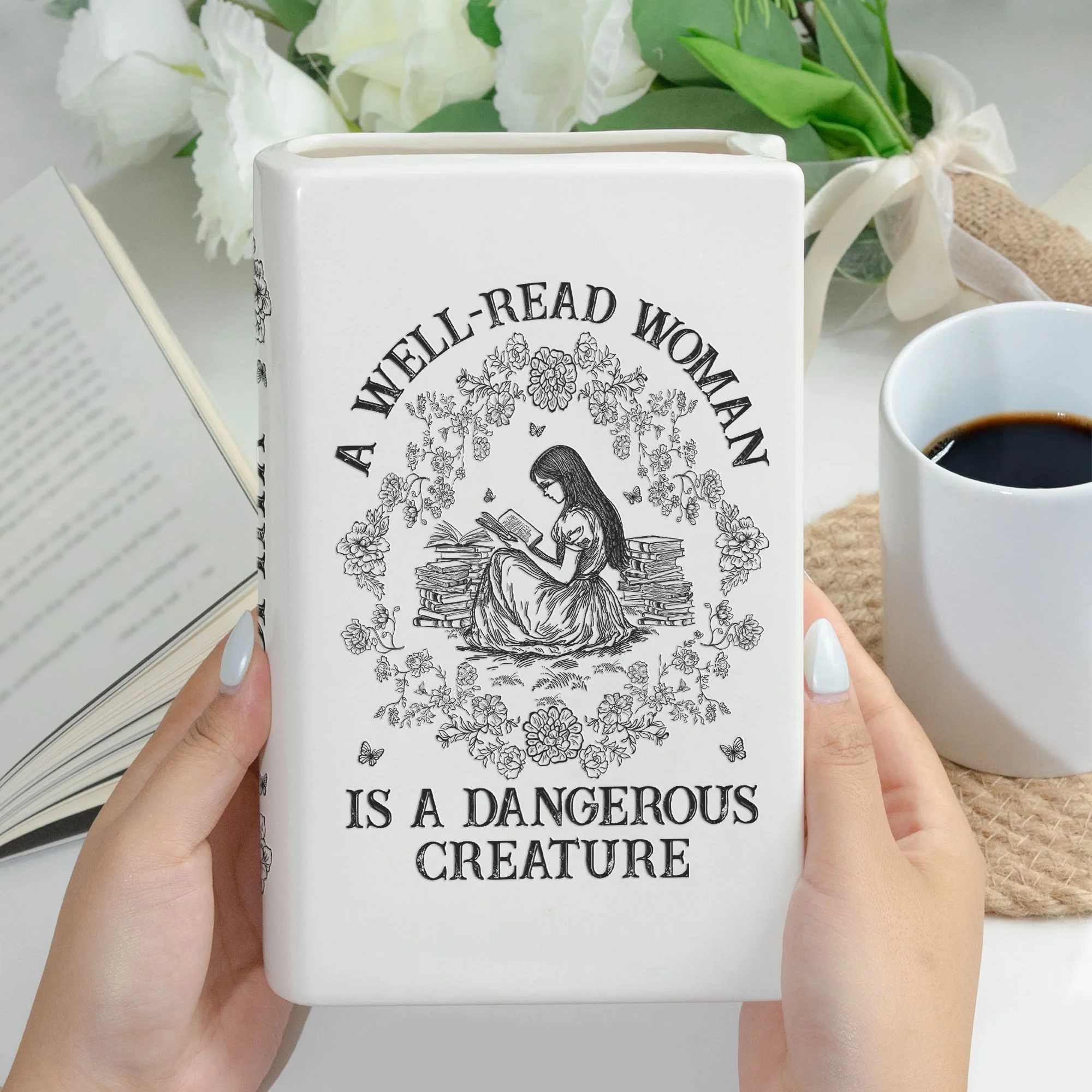 A Well-Read Woman Is A Dangerous Creature - Personalized Ceramic Book Vase - Image 3