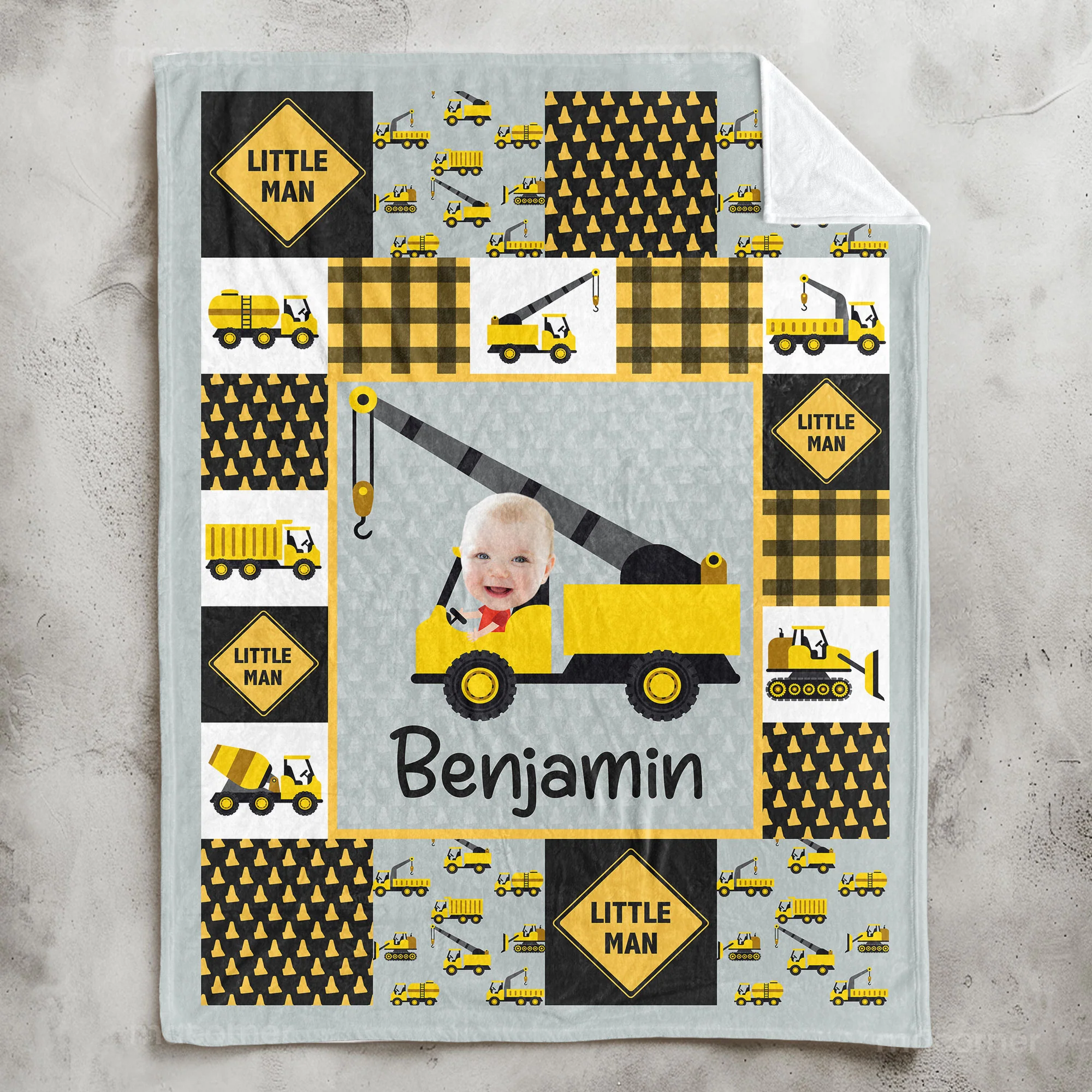 Adorable "Little Man" Construction - Personalized Baby Photo Blanket - Image 2