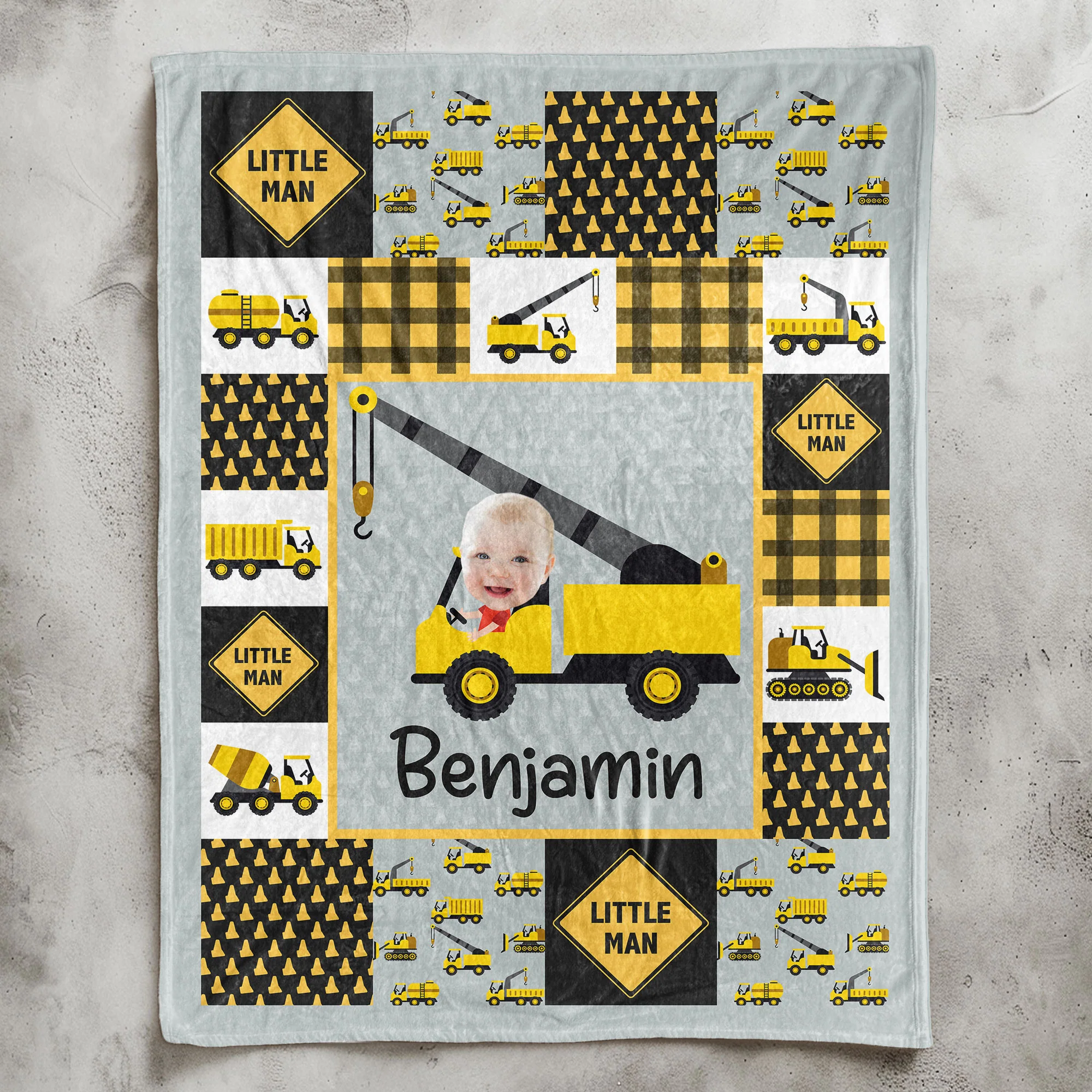 Adorable "Little Man" Construction - Personalized Baby Photo Blanket - Image 8