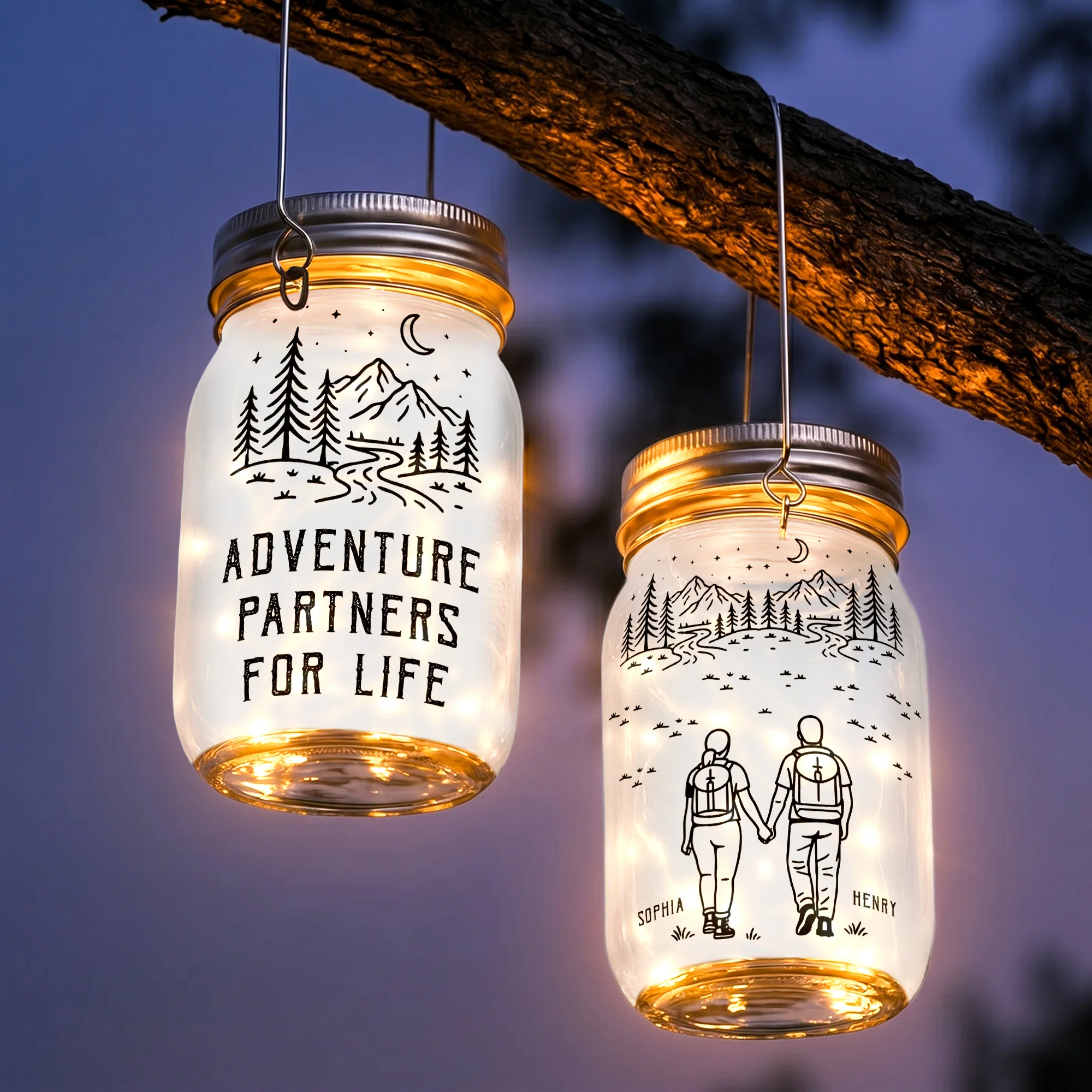 Adventure Partners For Life Couple Gift - Personalized Solar Mason Jar Light - Image 5