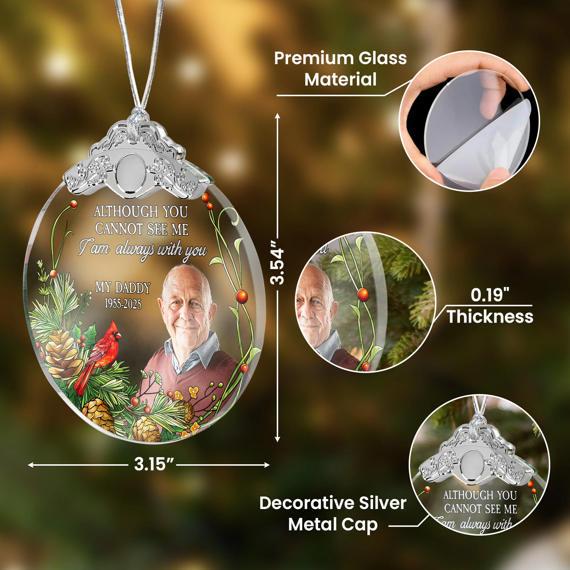 Although You Cannot See Me I'm Always With You - Personalized Glass Photo Ornament With Silver Cap - Image 2