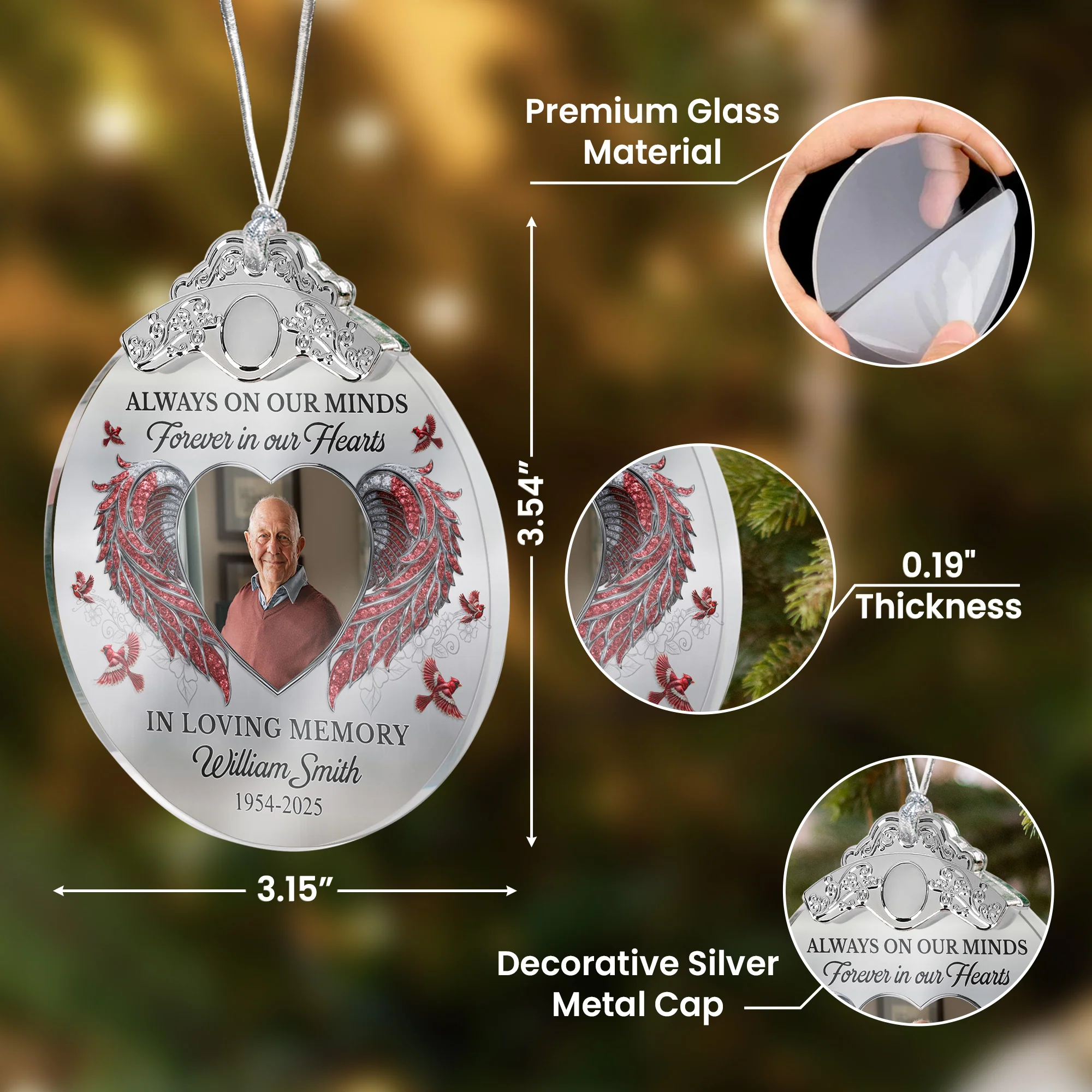 Always On Our Minds Forever In Our Hearts - Personalized Glass Photo Ornament With Silver Cap - Image 2