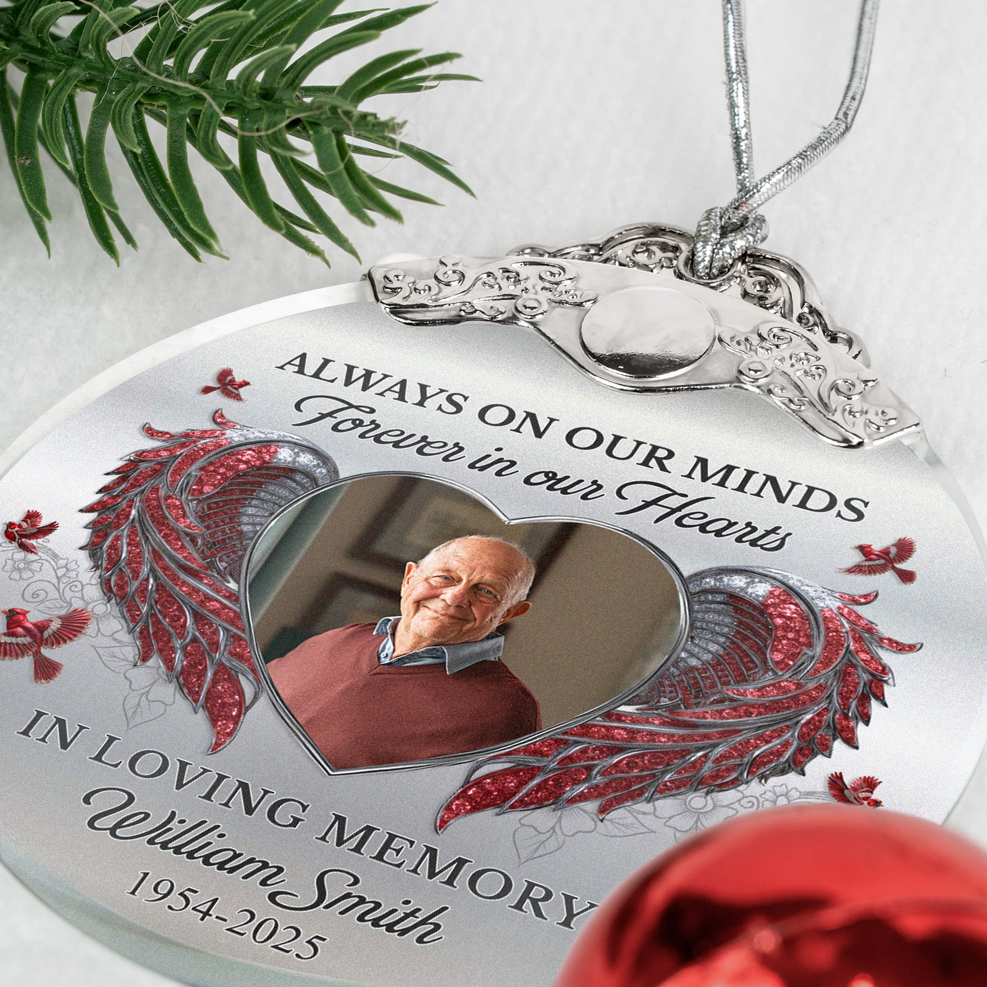 Always On Our Minds Forever In Our Hearts - Personalized Glass Photo Ornament With Silver Cap - Image 5