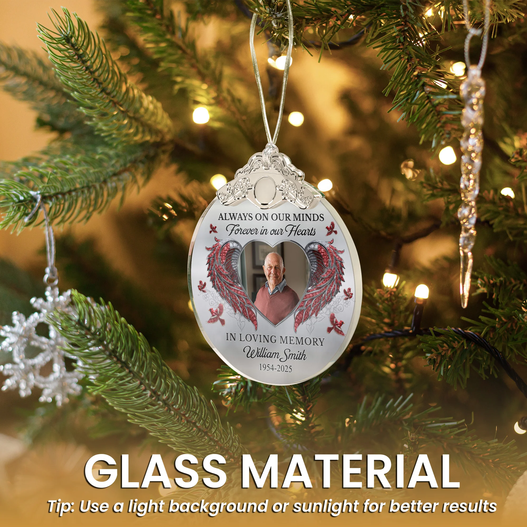 Always On Our Minds Forever In Our Hearts - Personalized Glass Photo Ornament With Silver Cap - Image 7
