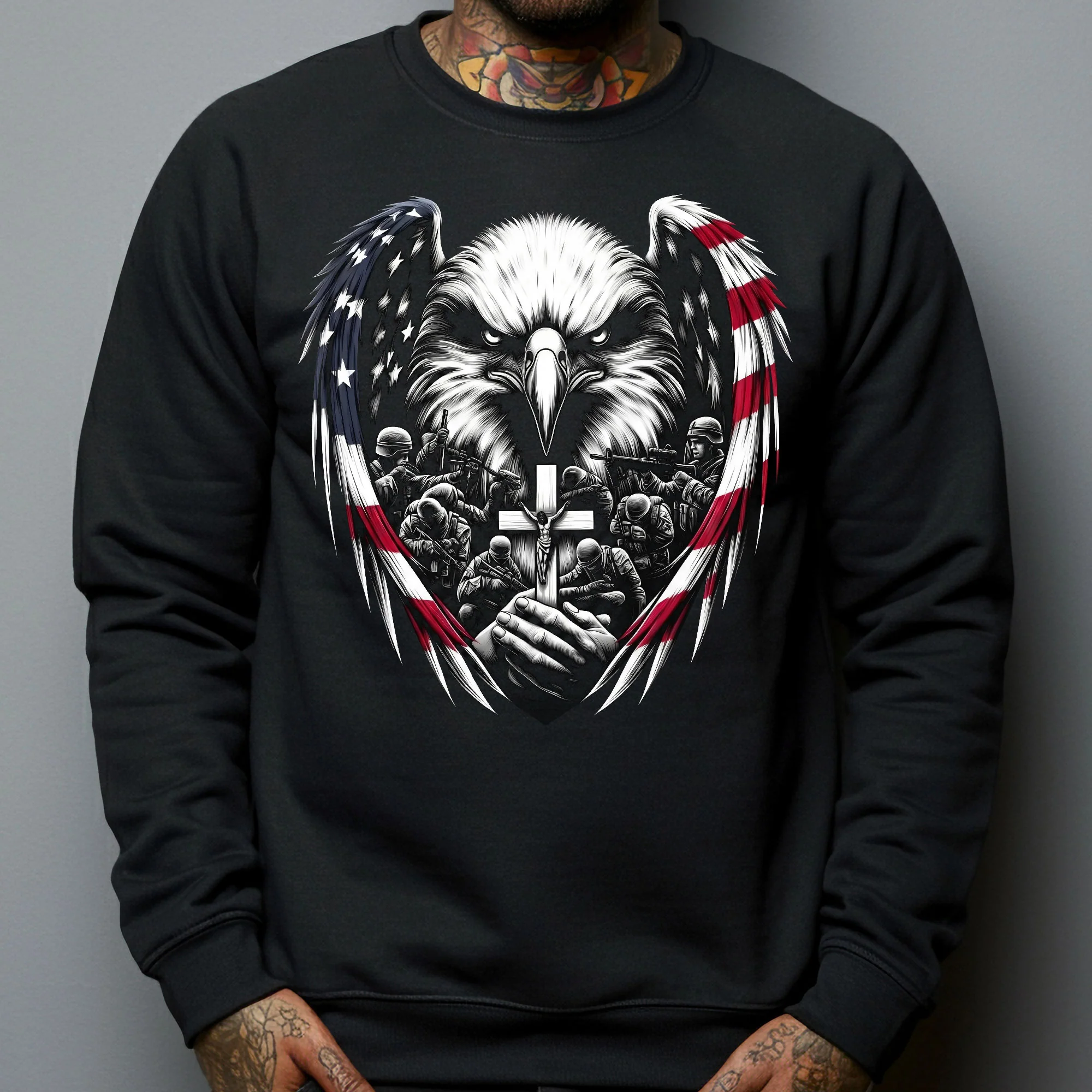 American Eagle Wings & Soldiers Praying Cross - Shirt - Image 4