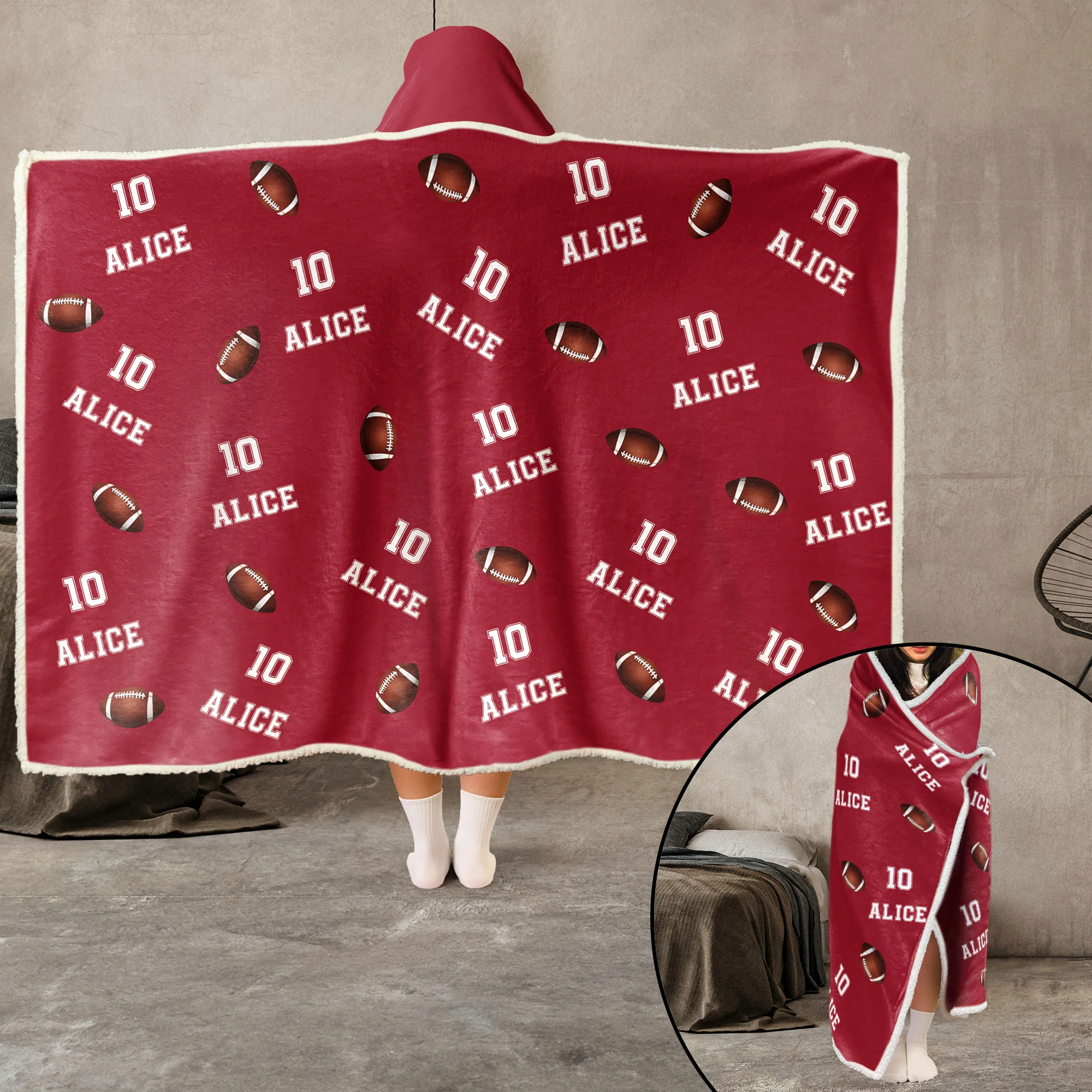 American Football Custom Name, Number - Personalized Wearable Blanket Hoodie - Image 2