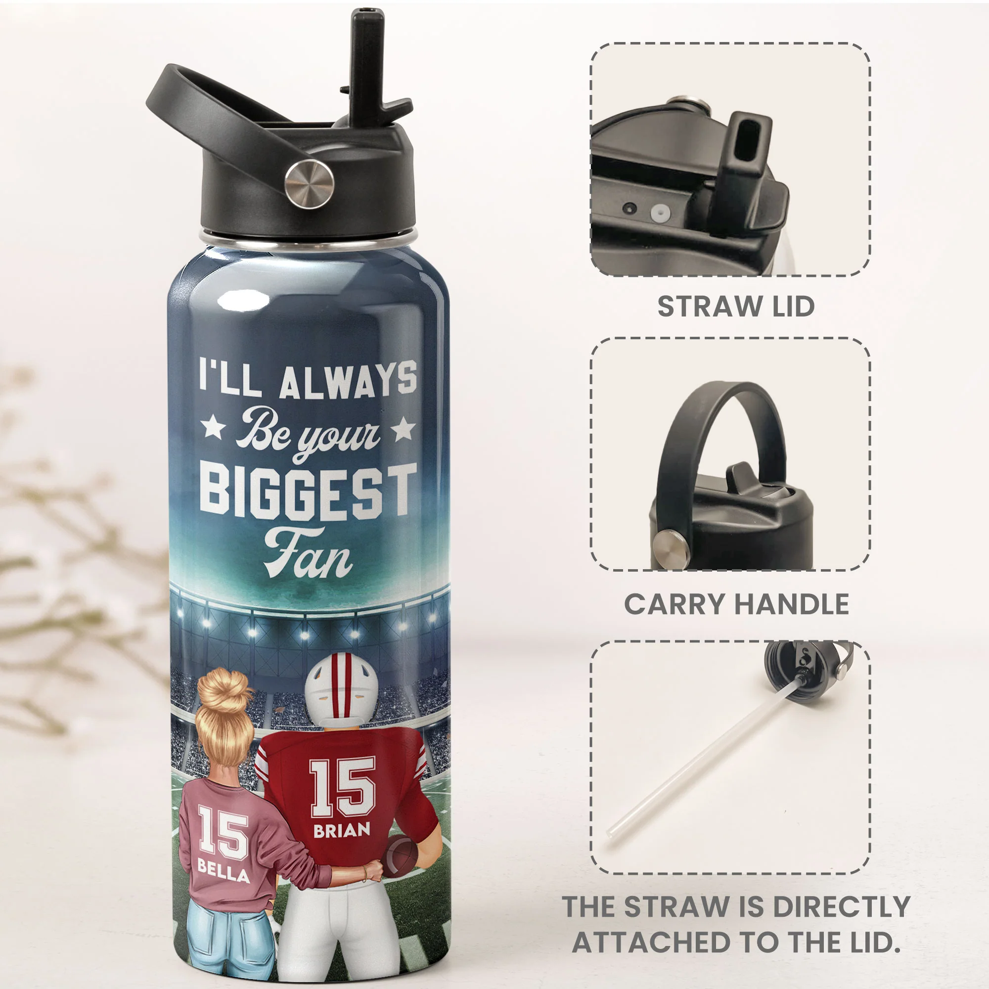 American Football Your Biggest Fan - Personalized Stainless Steel Water Bottle - Image 2