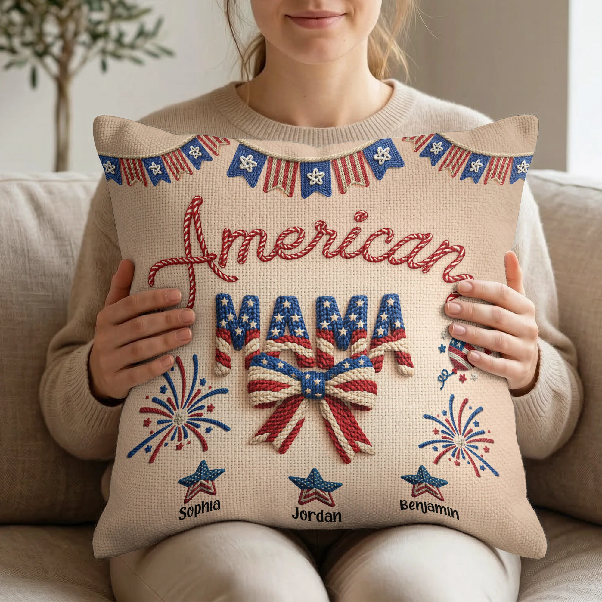 American Mama Grandma 250th Birthday USA Faux Pattern - Personalized Pillow Cover - Image 3