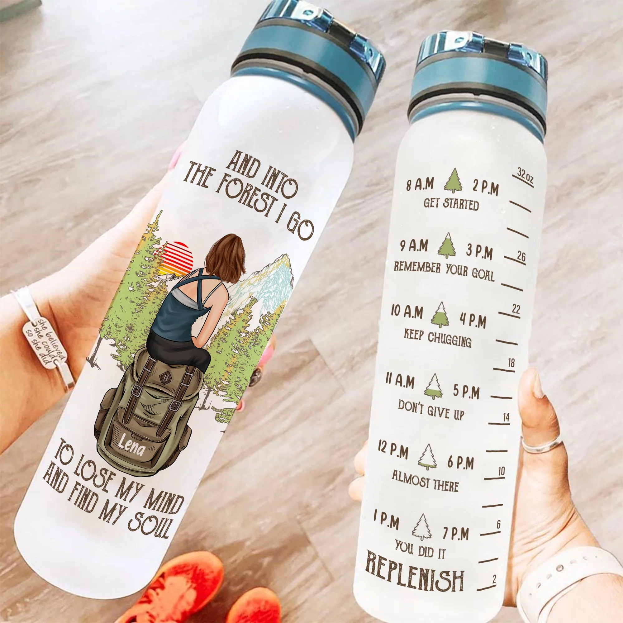 And Into The Forest I Go - Personalized Water Bottle With Time Marker - Birthday, Motivation Gift For Hiker, Hiking Lover, Camping lover, Camping  Girl - Image 2