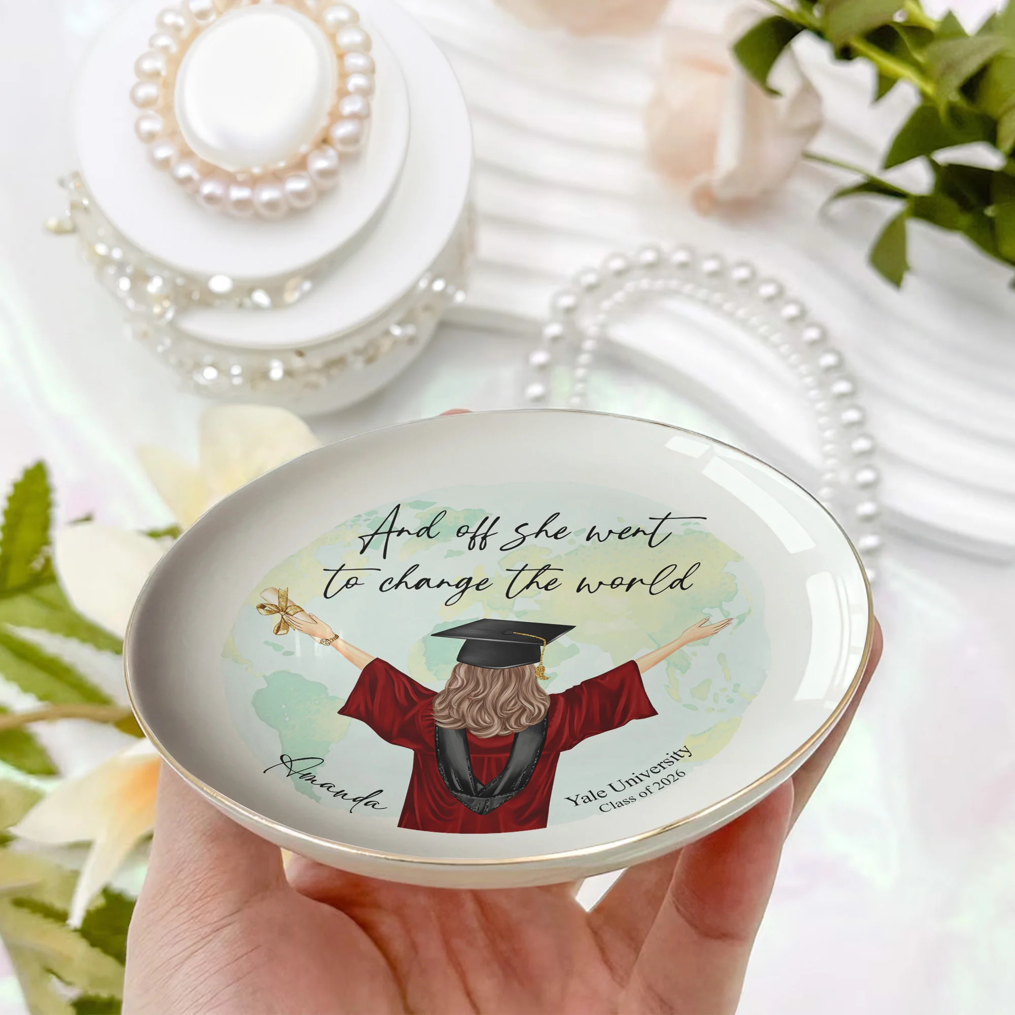 And Off She Went To Change The World - Personalized Jewelry Dish - Image 2