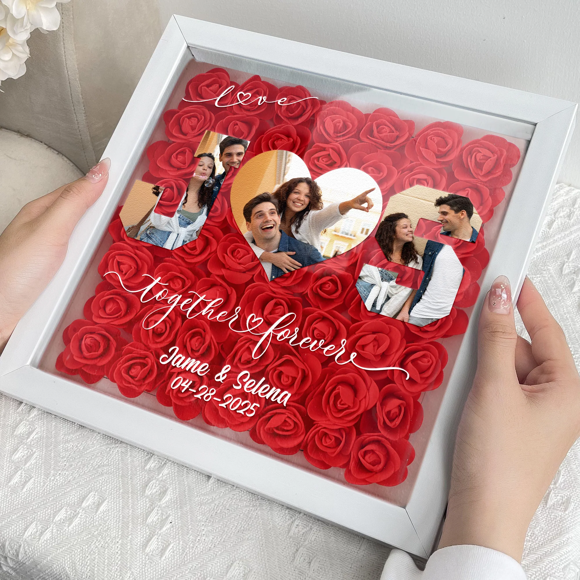 Anniversary Gift Custom Photo & Initial Name - Personalized Photo Flower Shadow Box With LED Light - Image 5