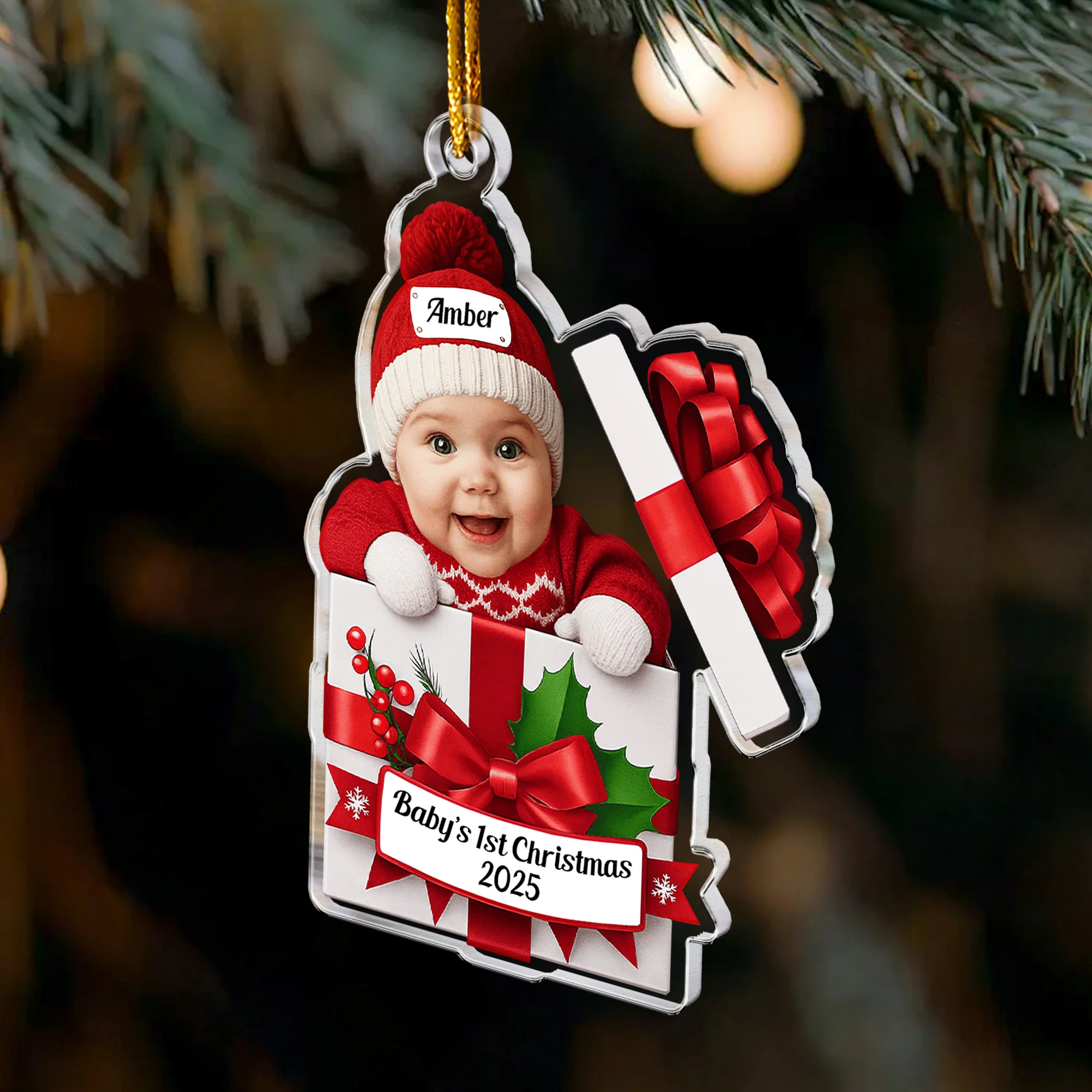Baby Christmas Gift Box 2D Flat Christmas Ornament - Personalized Acrylic Photo Ornament - Image 4