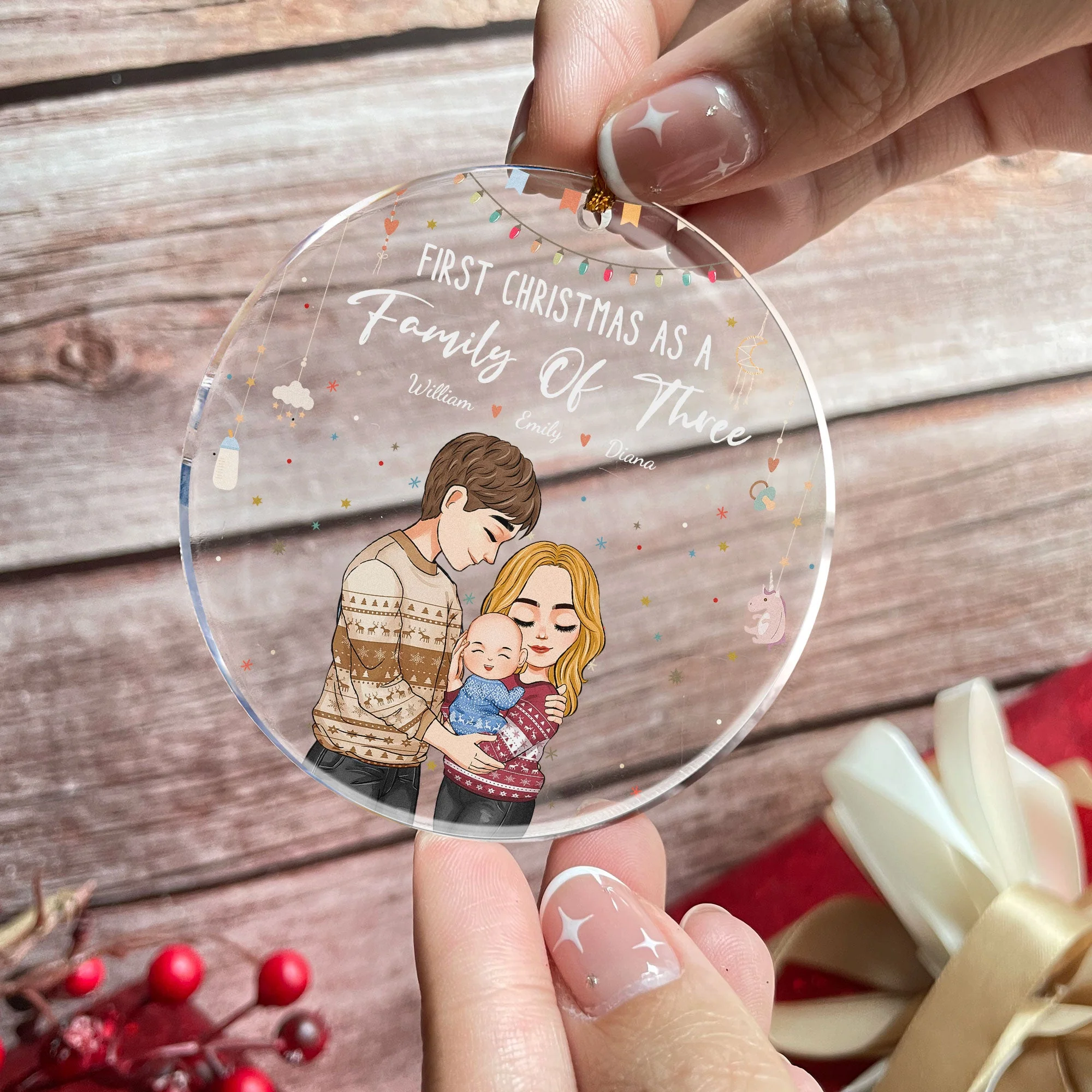 Baby First Christmas As A Family Of Three - Personalized Circle Acrylic Ornament - Image 2