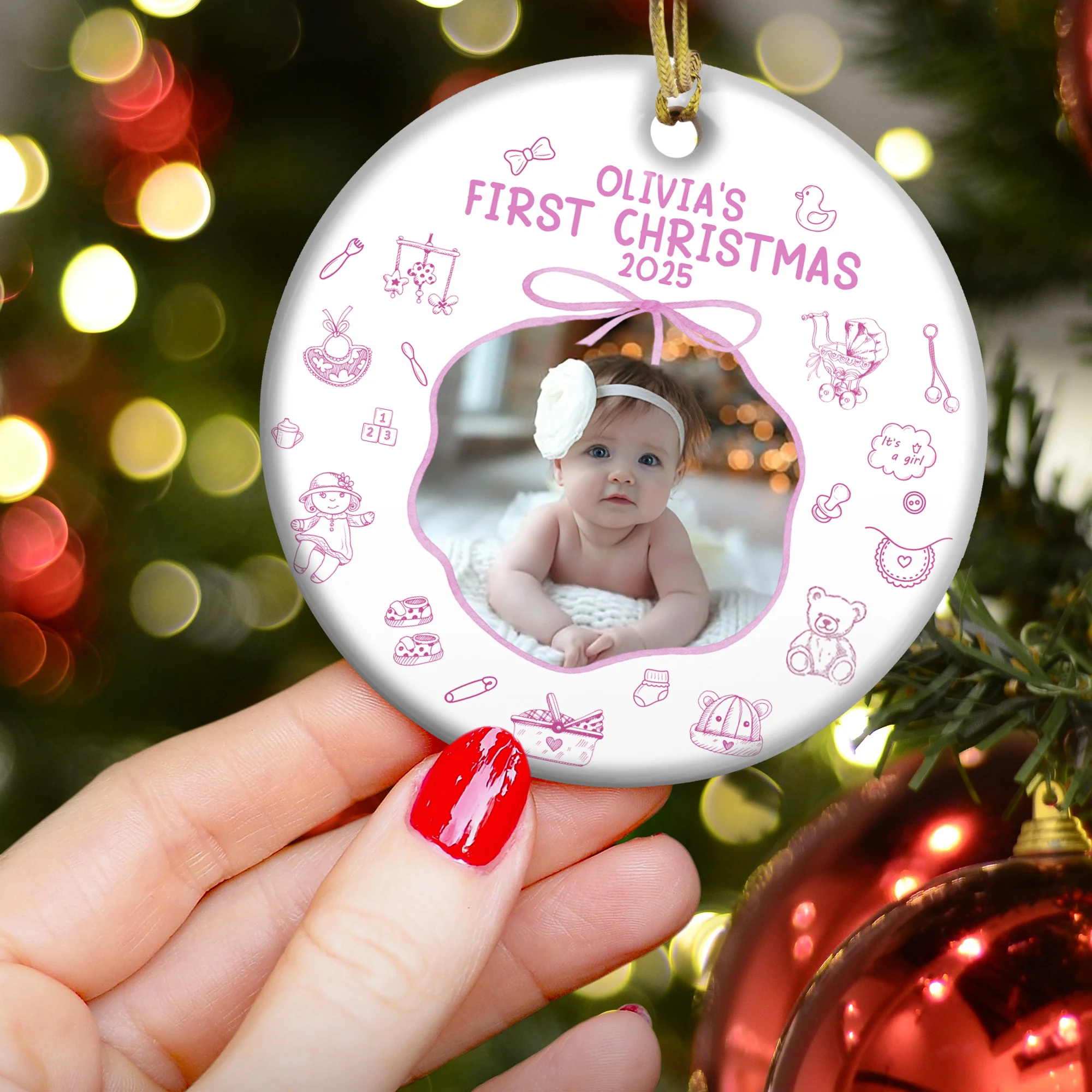 Baby First Christmas Toile De Jouy - Personalized Ceramic Photo Ornament - Image 4