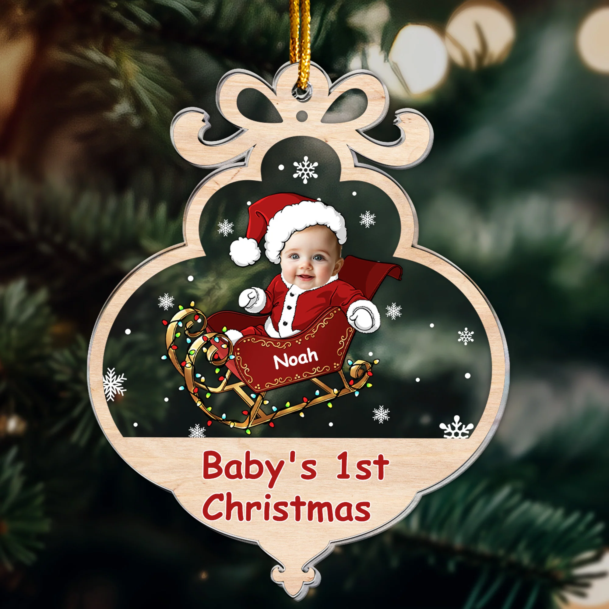 Baby First Christmas With Adorable Santa Sleigh - Personalized Acrylic Photo Ornament - Image 4
