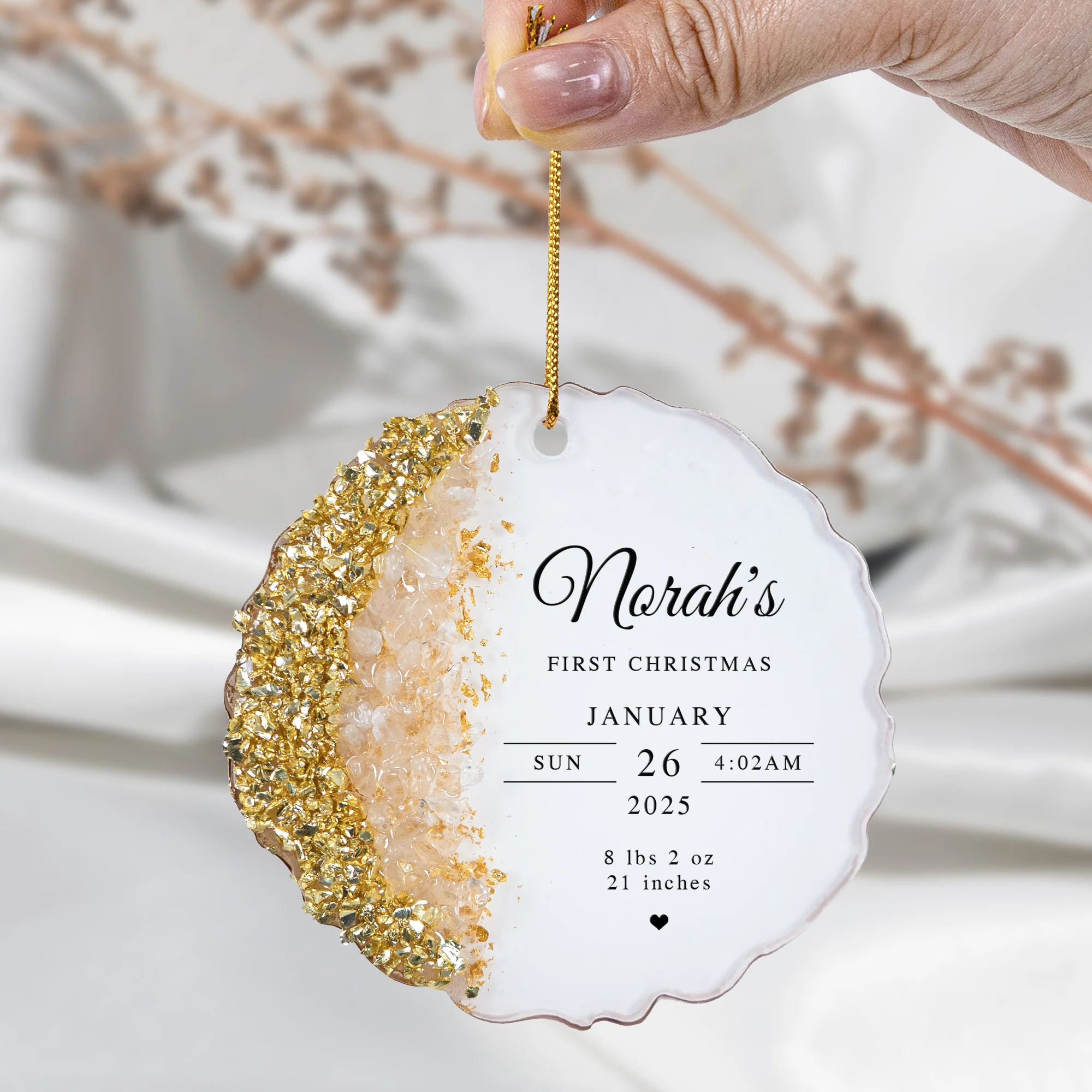 Baby’s First Christmas Custom Birth Stats, Newborn Name & Year - Personalized Resin Ornament - Image 2