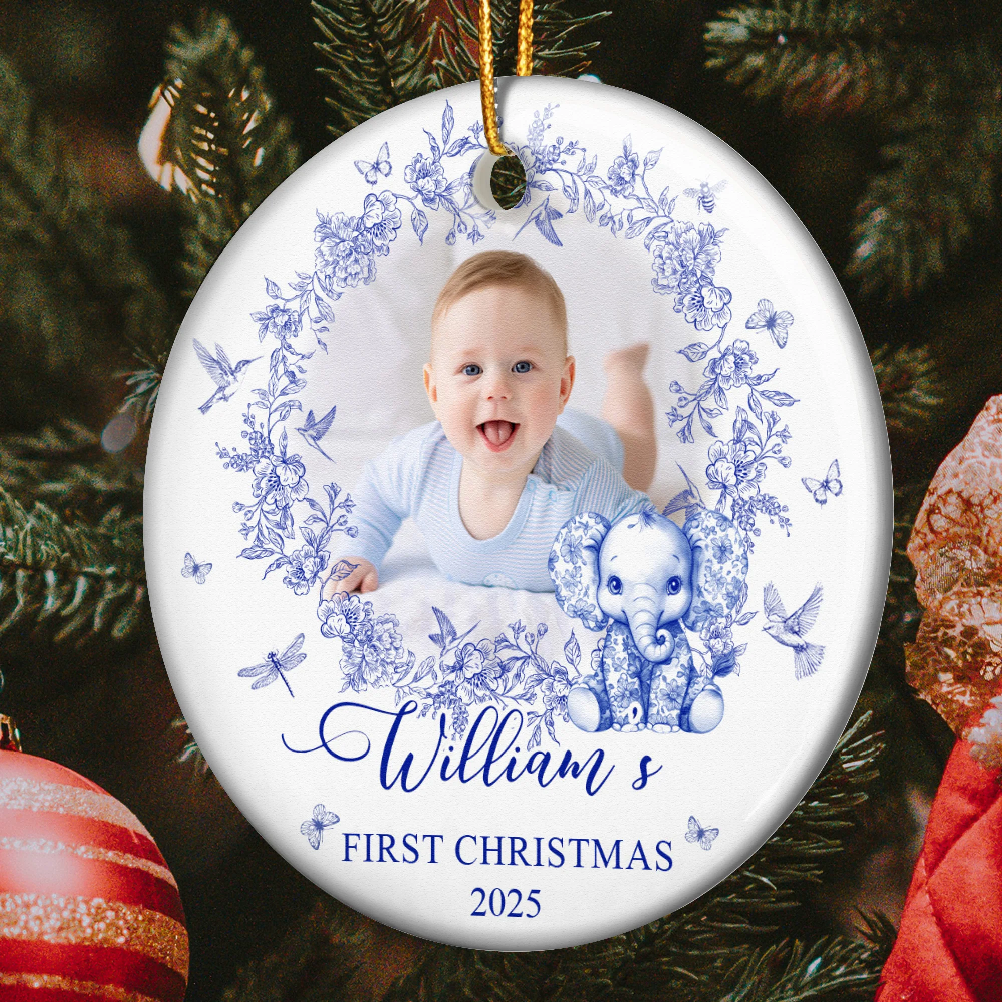 Baby's First Christmas For Baby Girl, Baby Boy Toile De Jouy - Personalized Ceramic Photo Ornament - Image 2