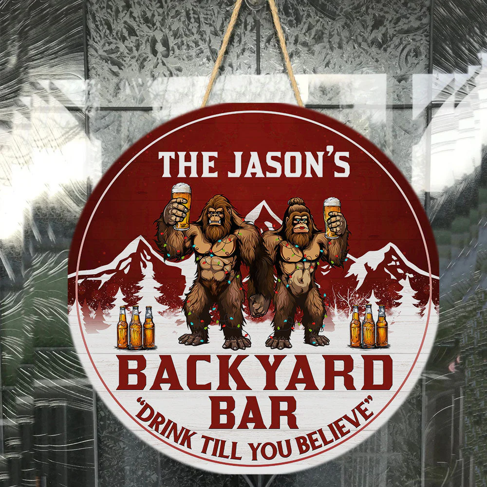 Backyard Bar Drink Till You Believe Bigfoot Version - Personalized Wood Wreath - Image 3